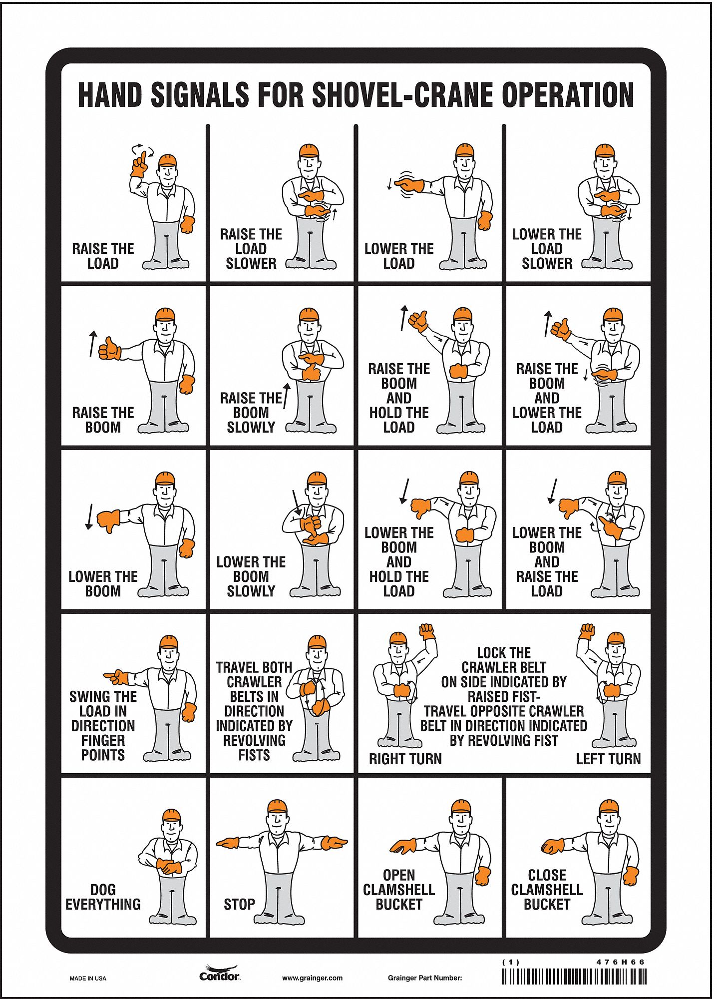 SAFETY SIGN, VINYL, ADHESIVE MOUNT, 14 X 10IN, NOT RETROREFLECTIVE, HAND SIGNALS FOR SHOVEL-CRANE OPERATION