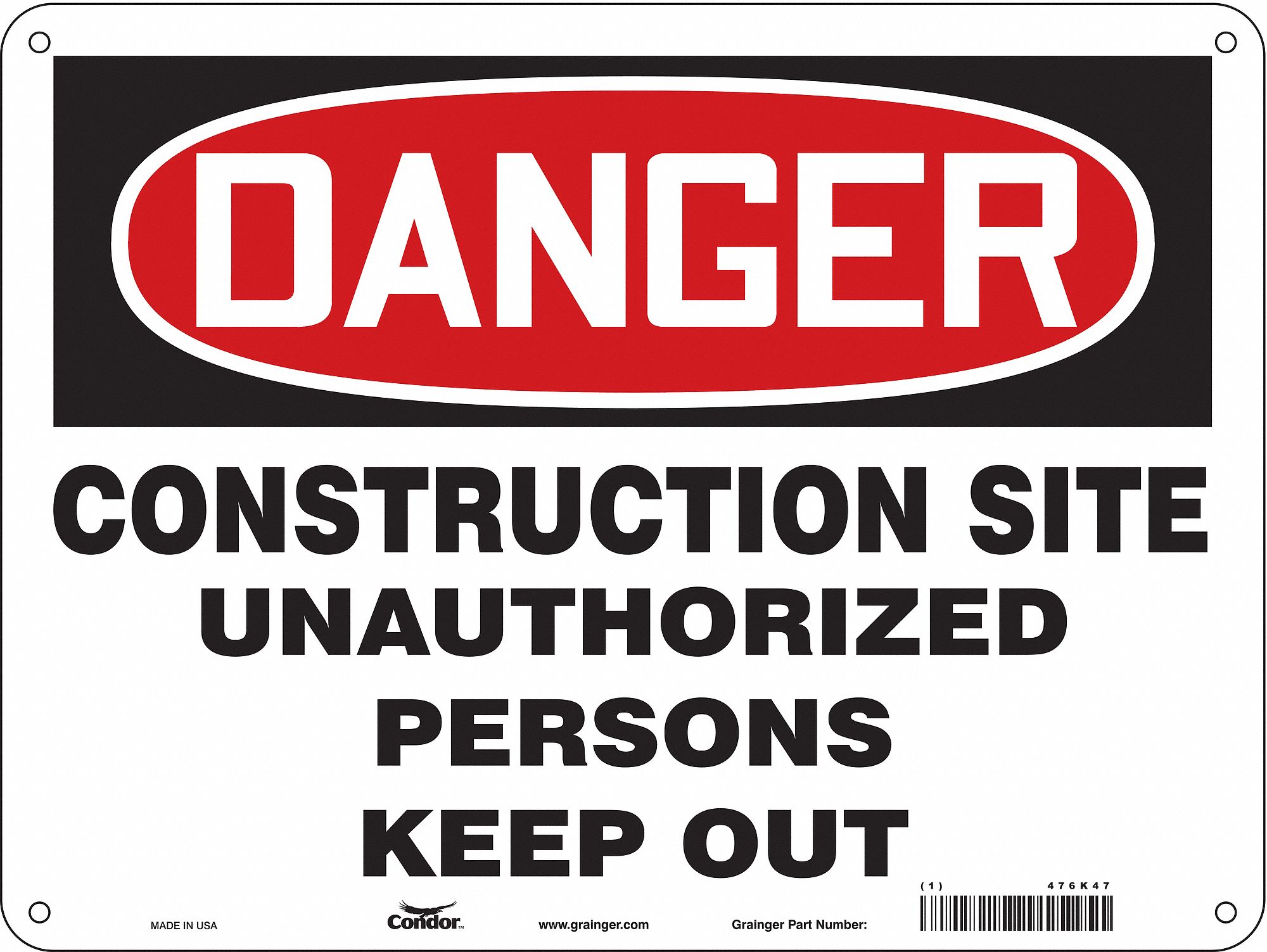 Safety Sign: Polyethylene, Mounting Holes Sign Mounting, 18 in x 24 in Nominal Sign Size, Danger