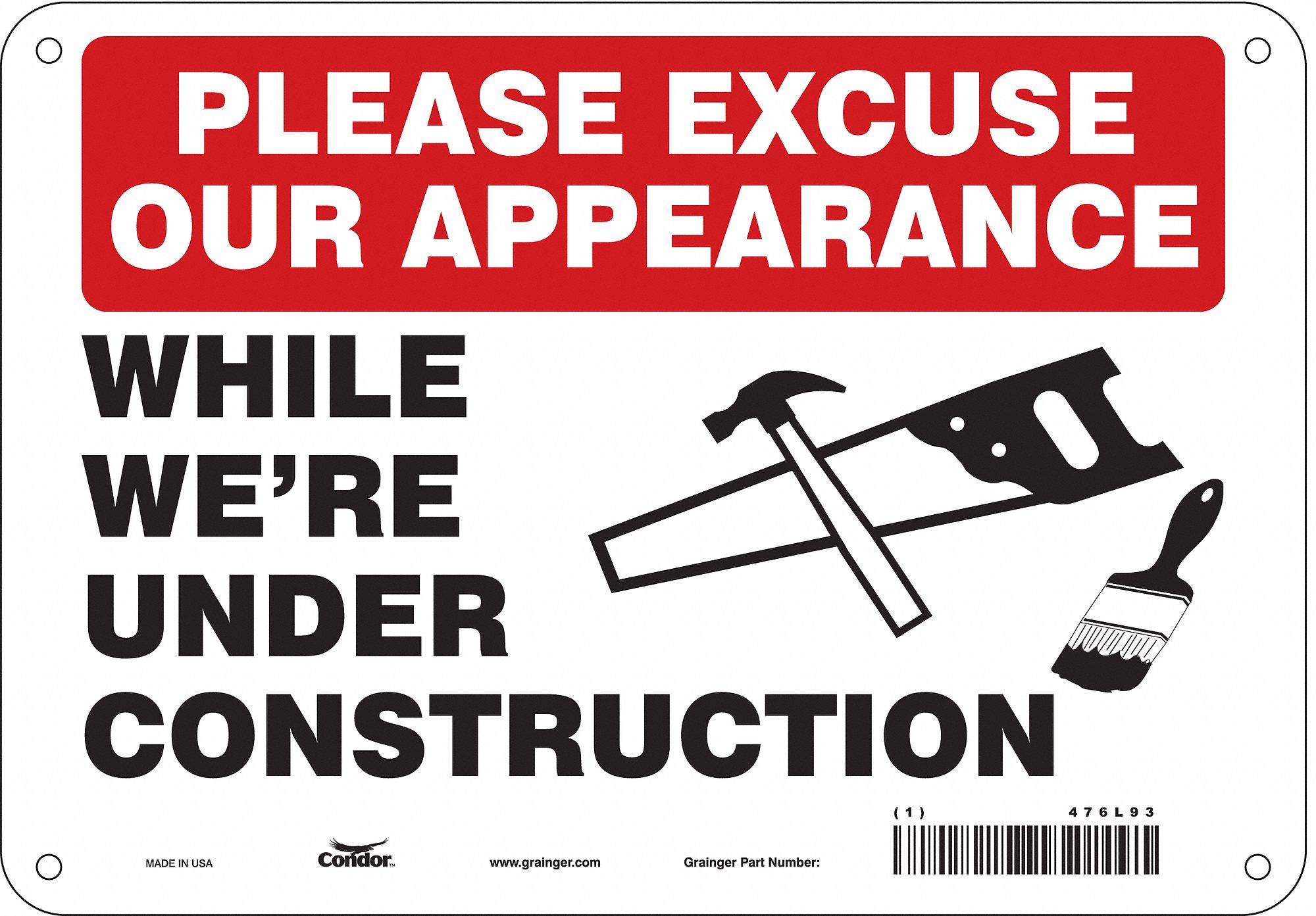Safety Sign: Aluminum, Mounting Holes Sign Mounting, 7 in x 10 in Nominal Sign Size, 0.032 in Thick