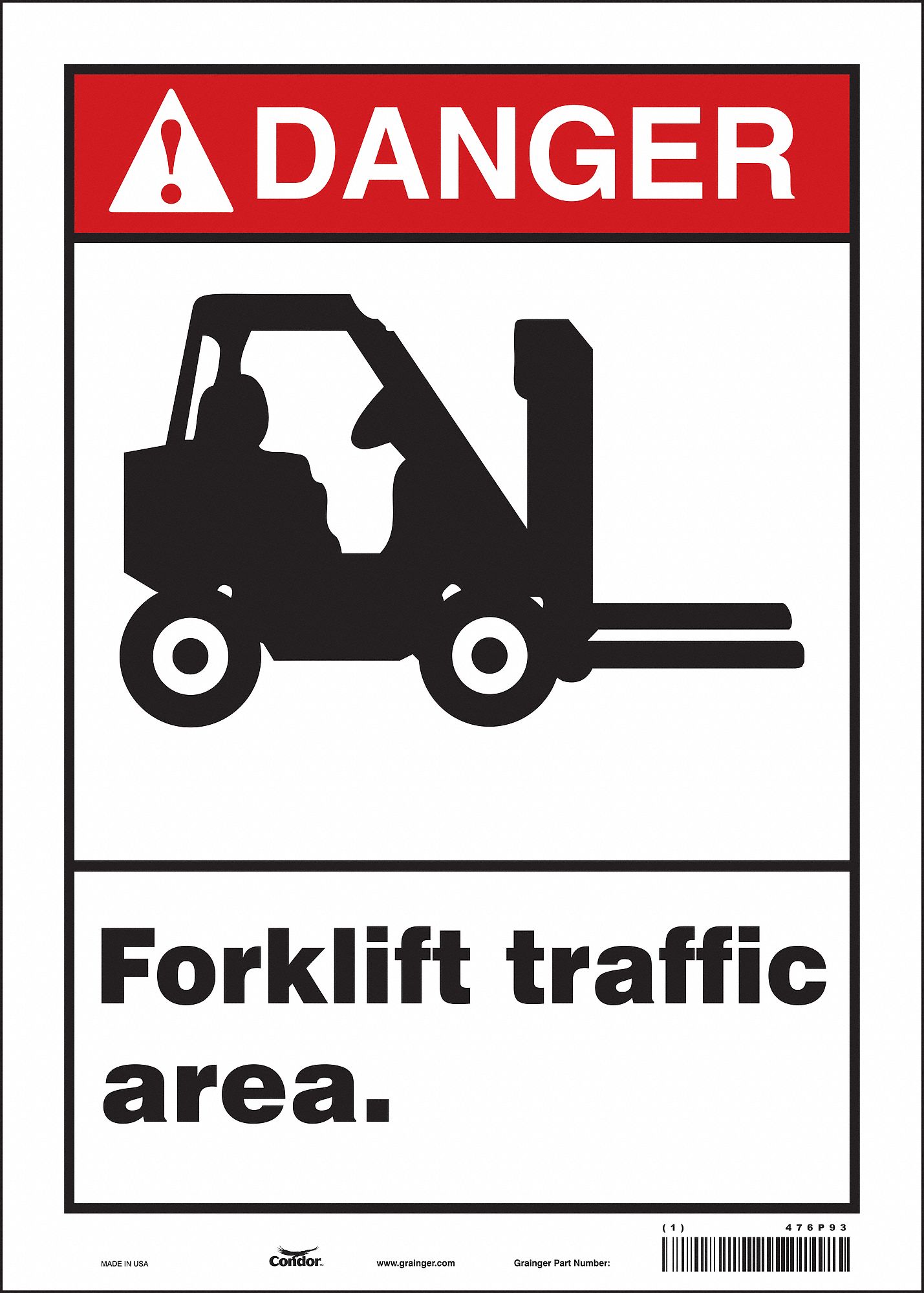 SAFETY SIGN, VINYL, ADHESIVE MOUNT, 14 IN X 10 IN NOMINAL SIGN SIZE, NOT RETROREFLECTIVE, FORKLIFT TRAFFIC AREA.