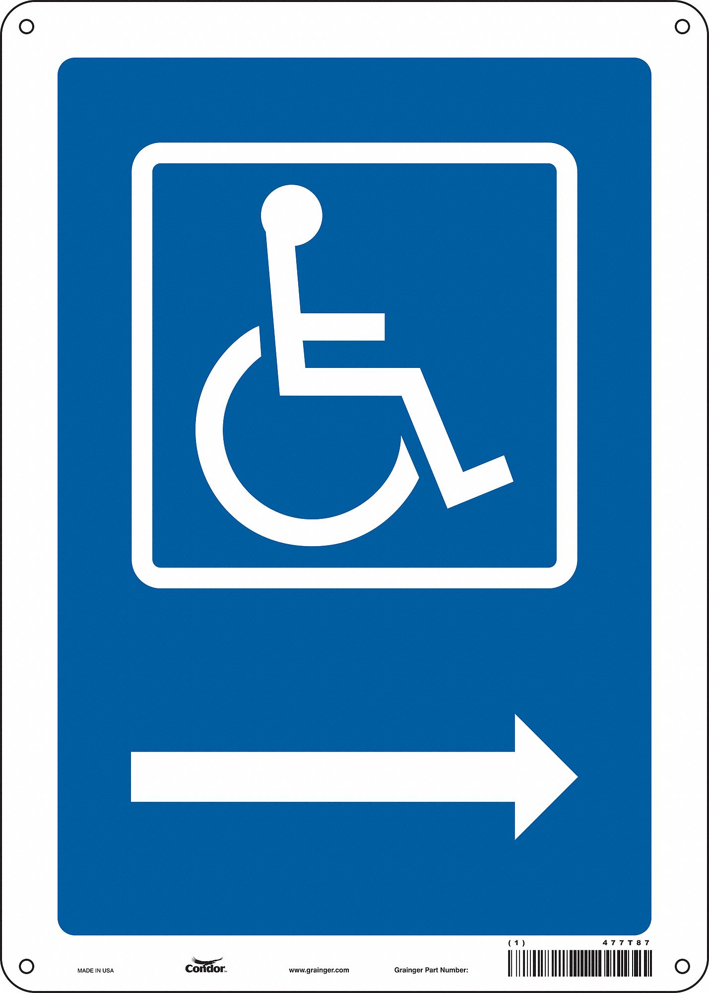 SAFETY SIGN, POLYETHYLENE, MOUNTING HOLES, 14 IN X 10 IN NOMINAL SIGN SIZE, WHEELCHAIR PICTOGRAM