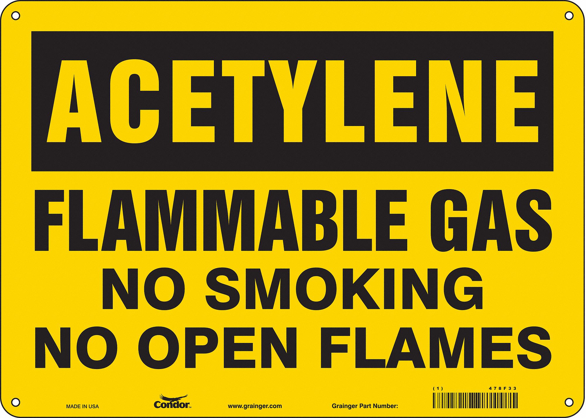 SAFETY SIGN, ALUMINUM, HOLE MOUNT, 10 X 14 IN NOMINAL SIGN SIZE, 0.032 IN THICK, FLAMMABLE GAS NO SMOKING NO OPEN FLAMES