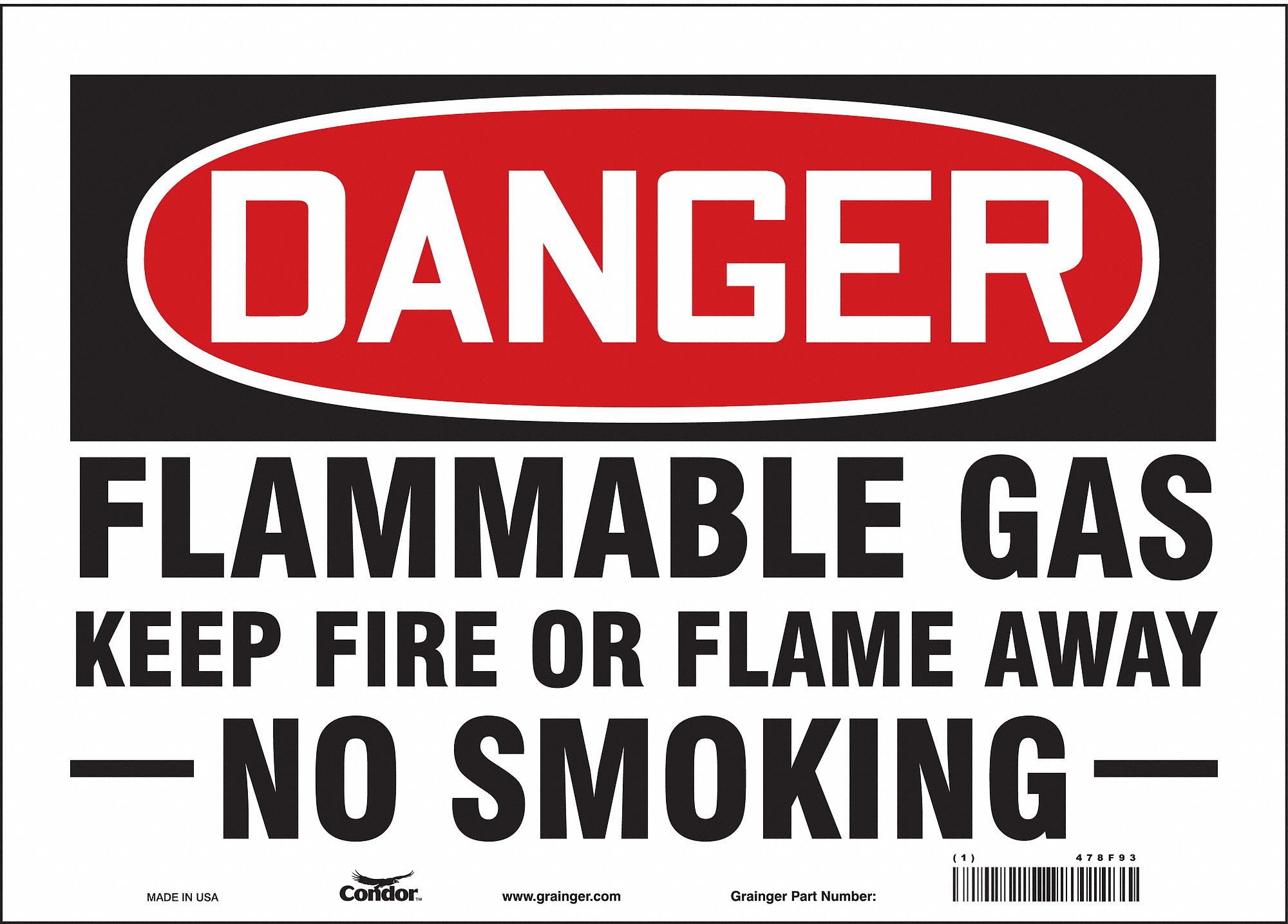SAFETY SIGN, VINYL, ADHESIVE MOUNT, 10 X 14 IN, NOT RETROREFLECTIVE, FLAMMABLE GAS KEEP FIRE OR FLAME AWAY NO SMOKING