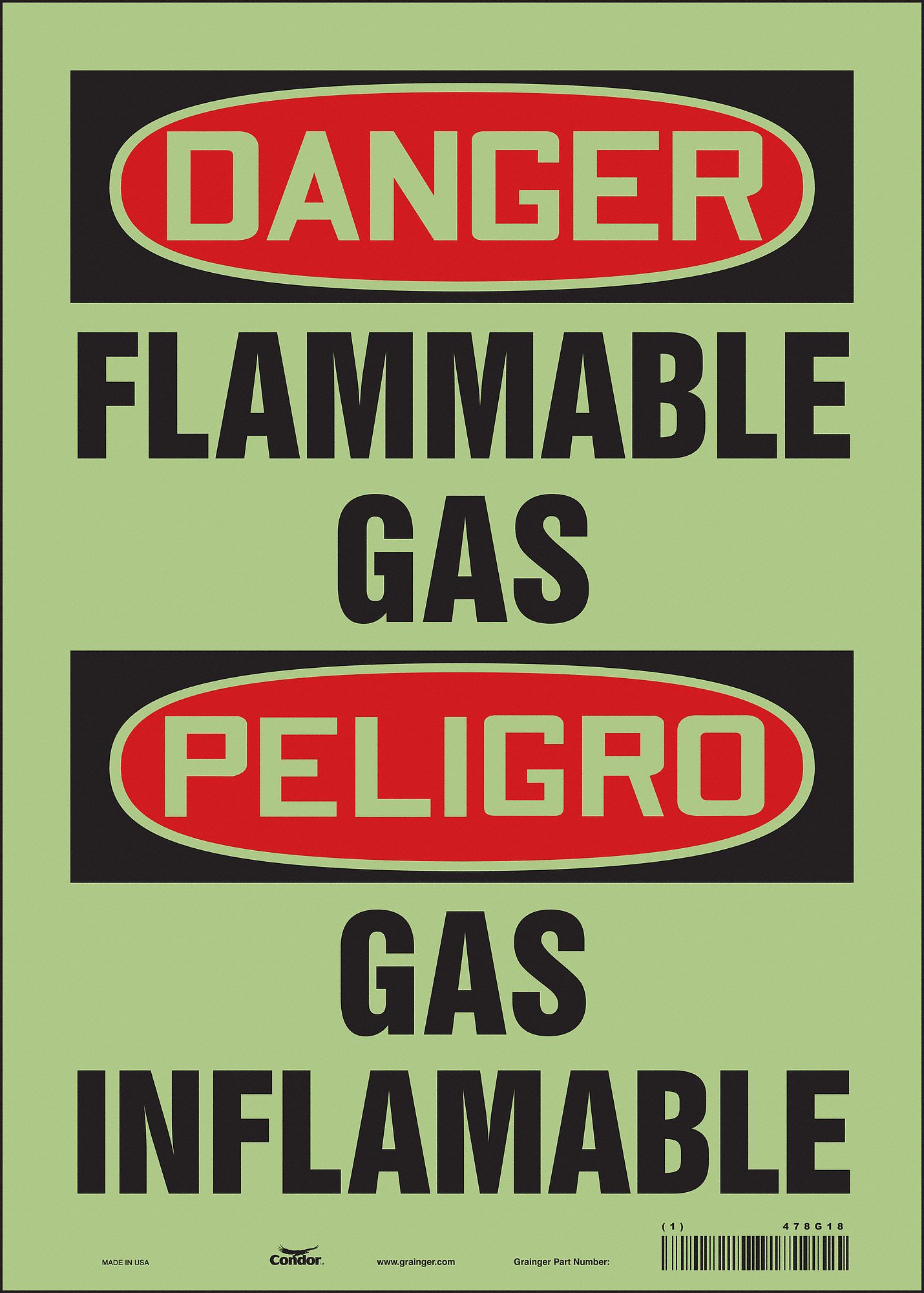 Safety Sign: Glow Vinyl, Adhesive Sign Mounting, 14 in x 10 in Nominal Sign Size, Glow In The Dark