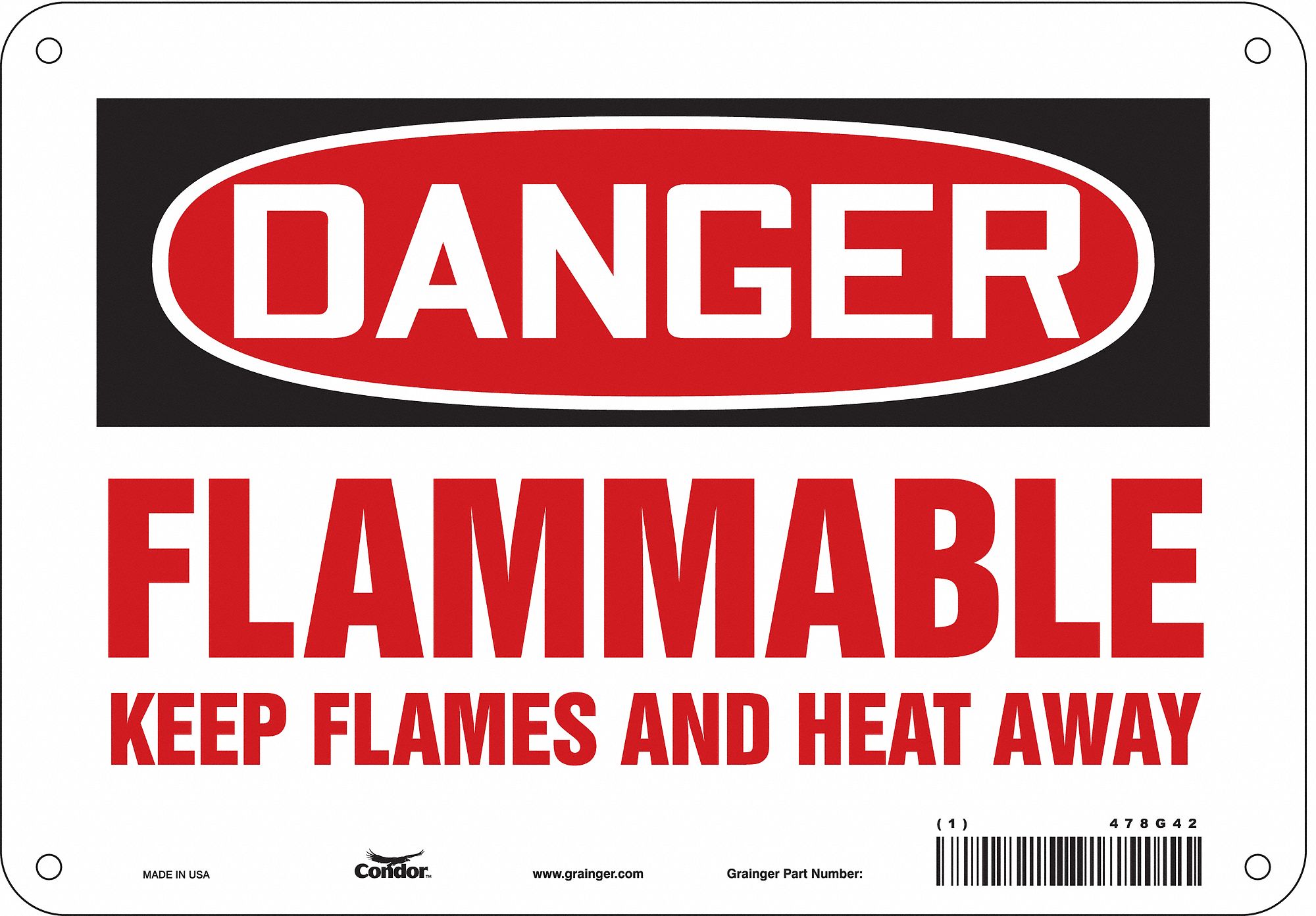 CONDOR Danger Sign, Sign Format Traditional OSHA, Flammable Keep Fire