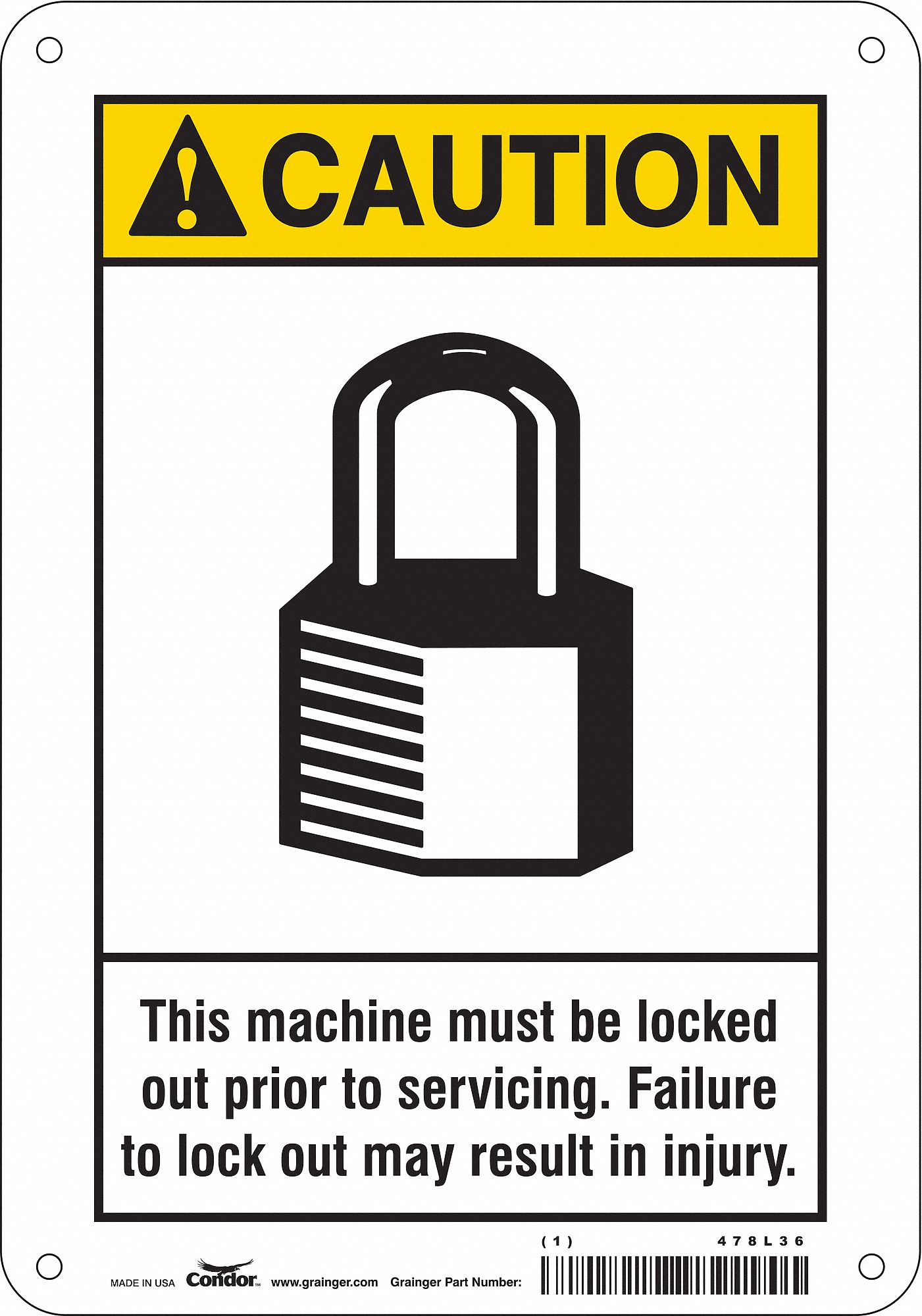 SAFETY SIGN, VINYL, ADHESIVE MOUNT, 5X3½ IN, NOT RETROREFLECTIVE, THIS MACHINE MUST BE LOCKED OUT PRIOR TO SERVICING