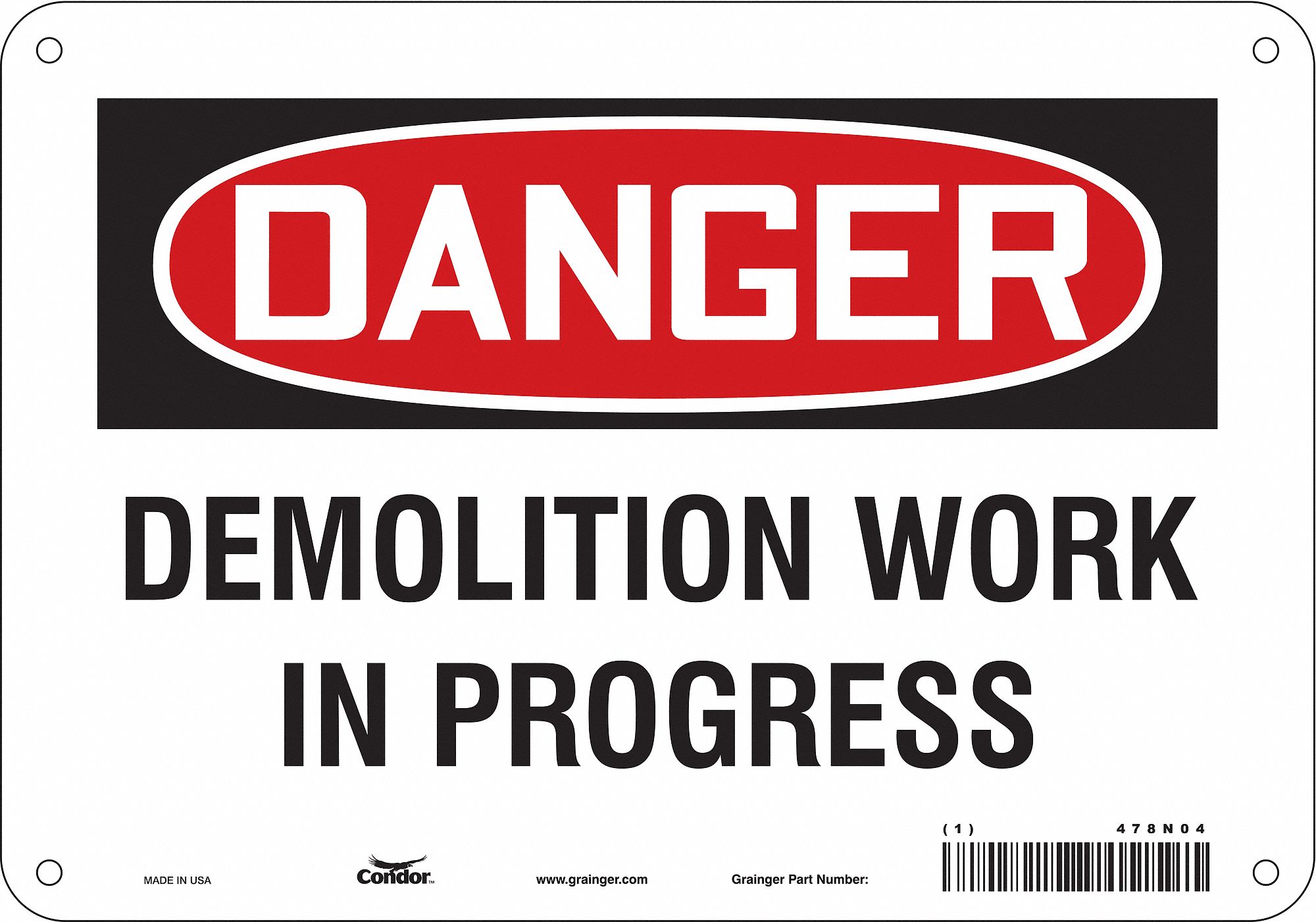 Condor Safety Sign Sign Format Traditional Osha Demolition Work In Progress Sign Header Danger 478n04 478n04 Grainger