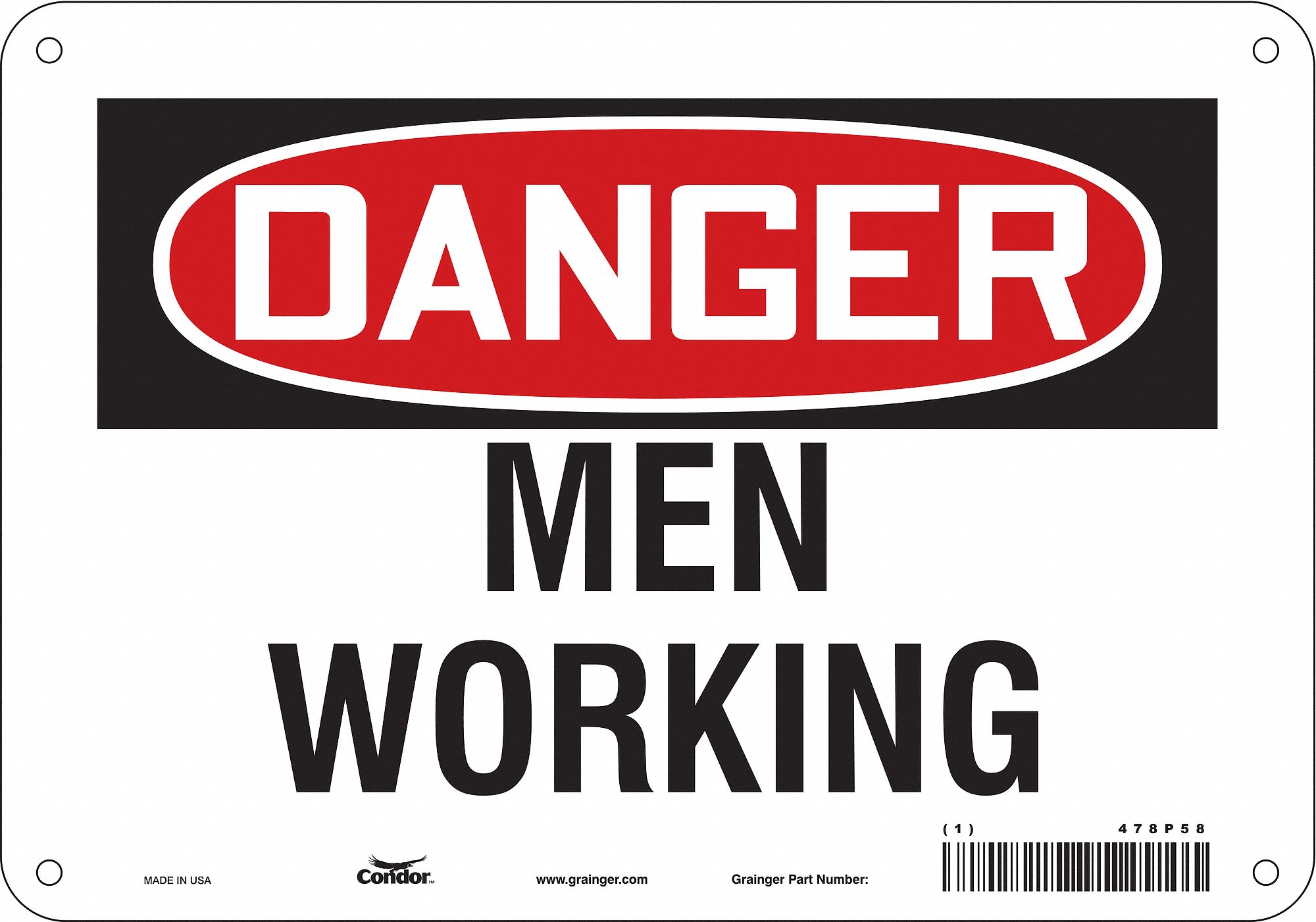 Safety Sign: Polyethylene, Mounting Holes Sign Mounting, 7 in x 10 in Nominal Sign Size, Men Working