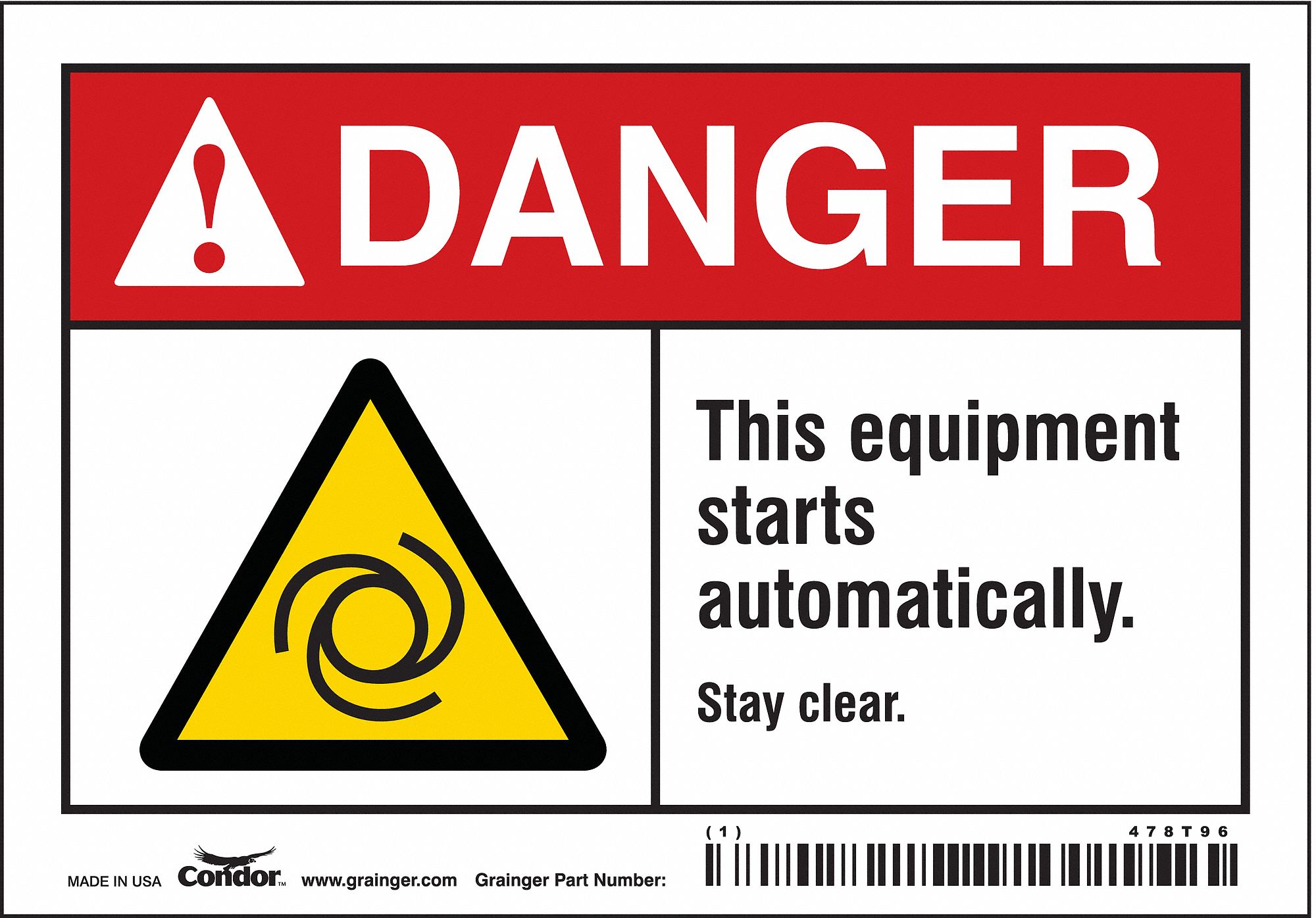 SAFETY SIGN, VINYL, ADHESIVE MOUNT, 3½ X 5 IN, NOT RETROREFLECTIVE, THIS EQUIPMENT STARTS AUTOMATICALLY. STAY CLEAR