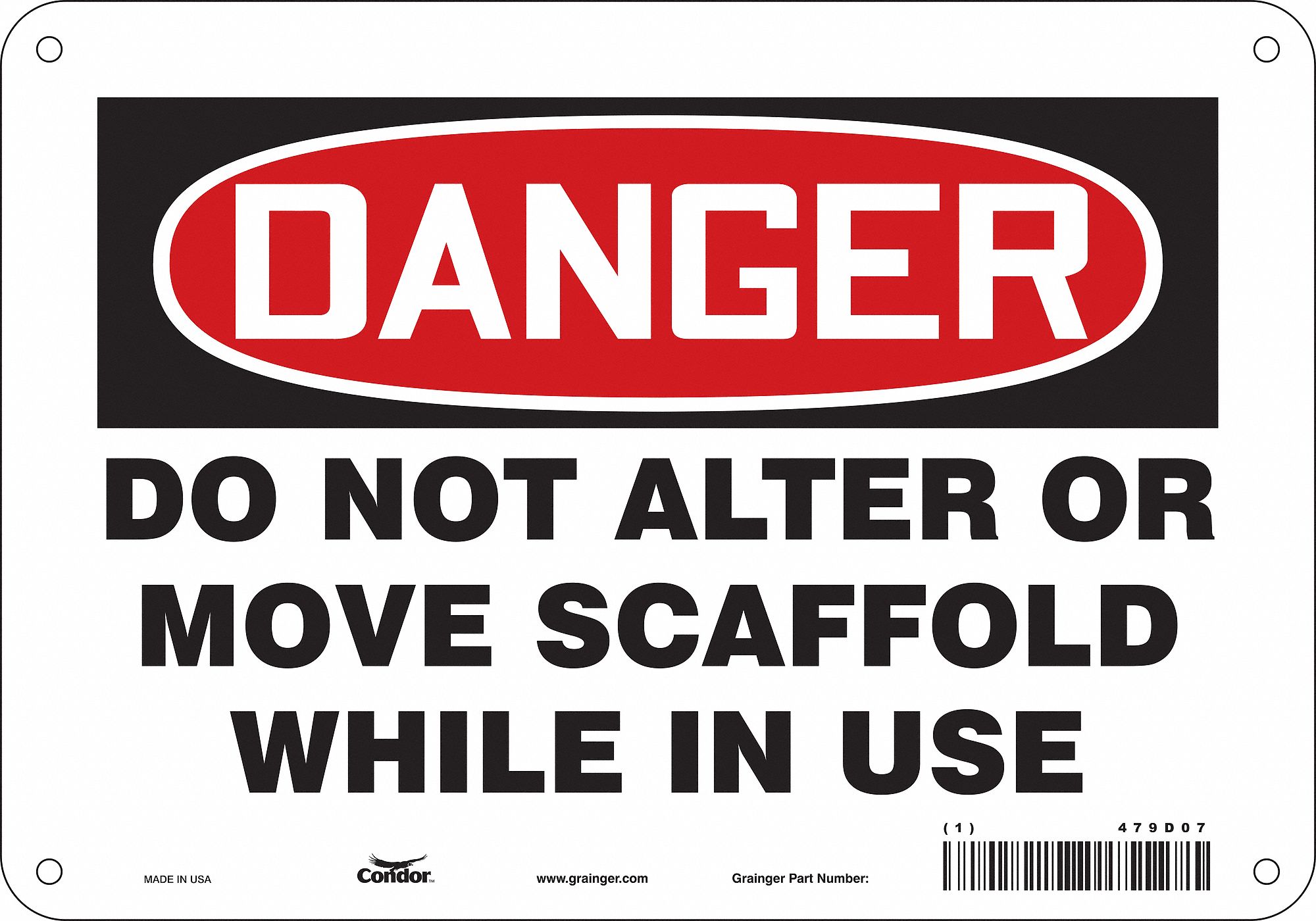 Safety Sign: Polyethylene, Mounting Holes Sign Mounting, 7 in x 10 in Nominal Sign Size, Danger