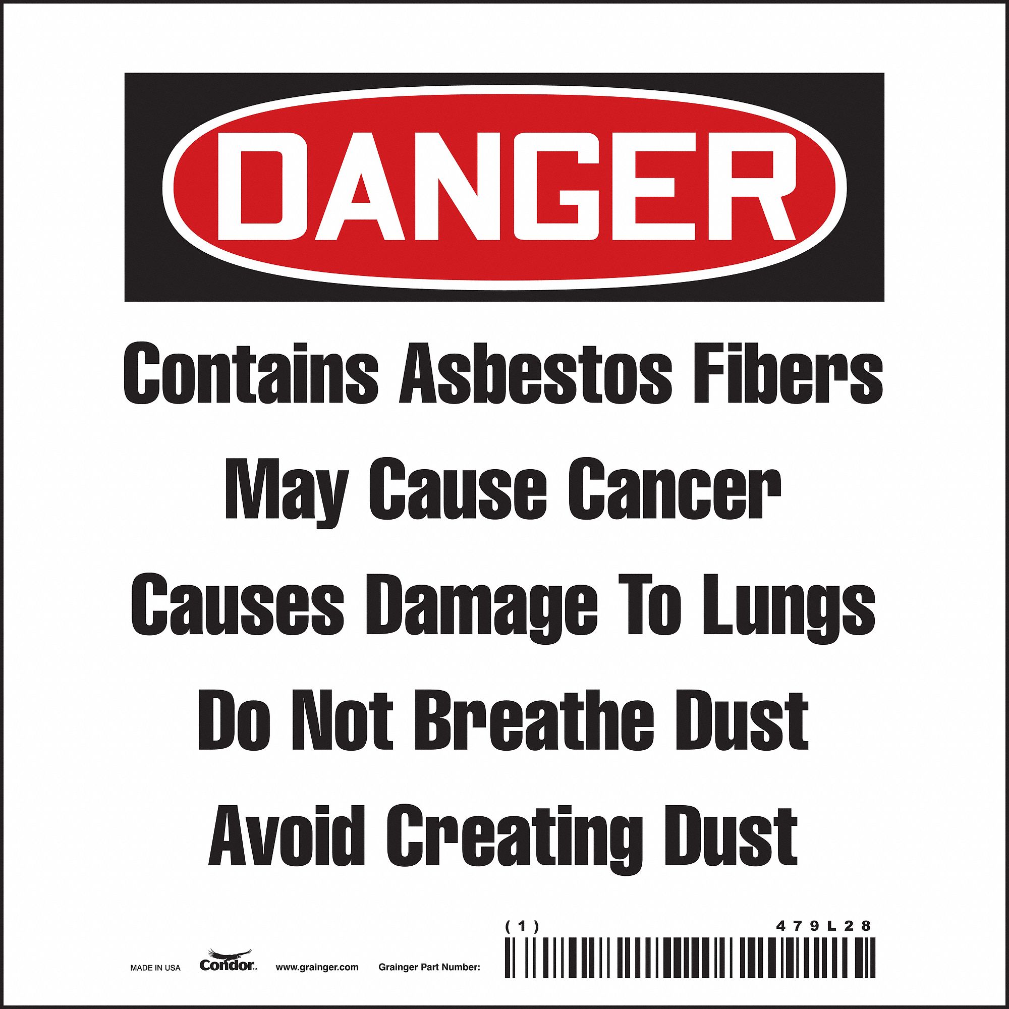 SAFETY SIGN, VINYL, ADHESIVE, 4X4 IN, 0.004 IN THICK, 100 PK, CONTAINS ASBESTOS FIBERS MAY CAUSE CANCER CAUSES DAMAGE...