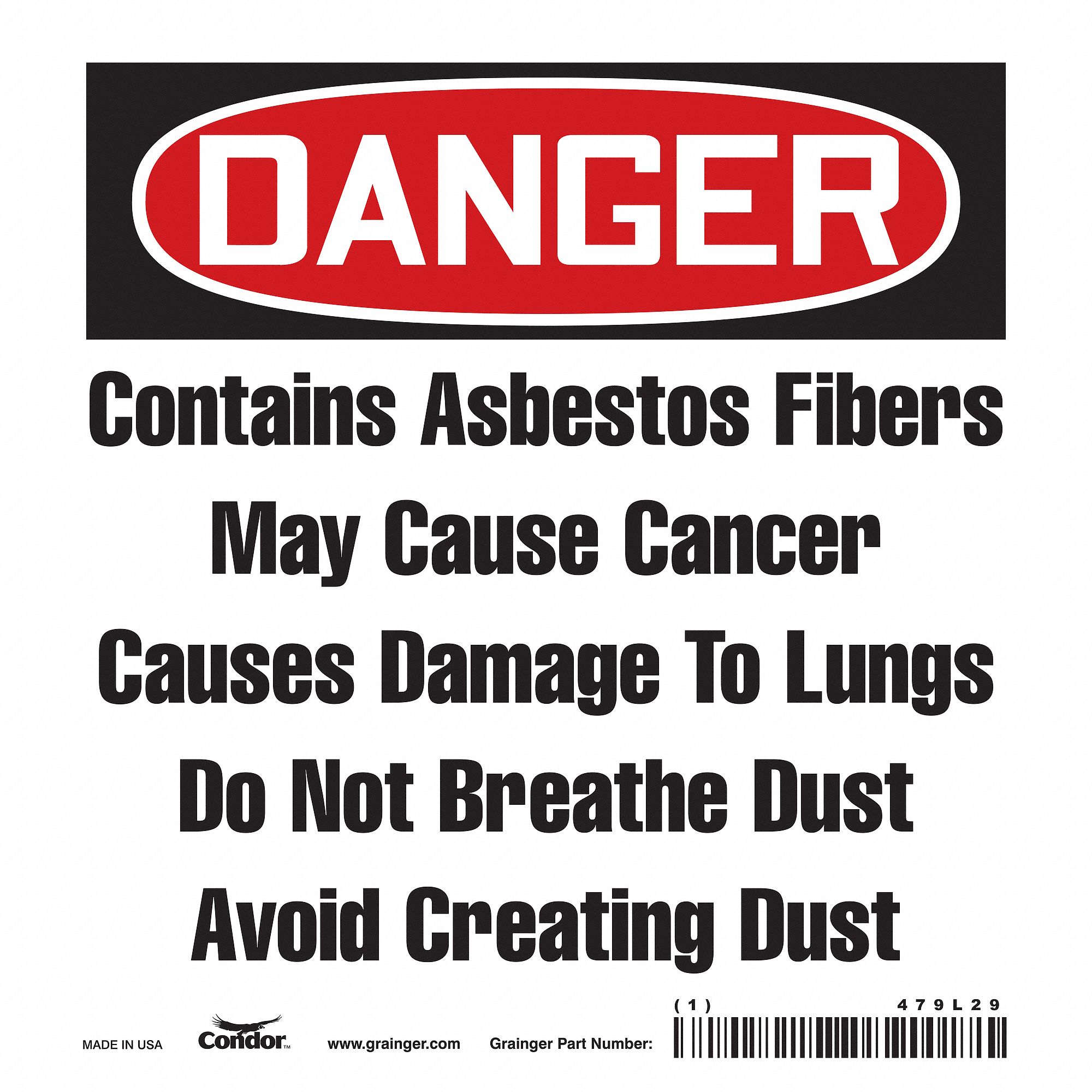 SAFETY SIGN, VINYL, ADHESIVE, 6X6 IN, 0.004 IN THICK, 100 PK, CONTAINS ASBESTOS FIBERS MAY CAUSE CANCER CAUSES DAMAGE...