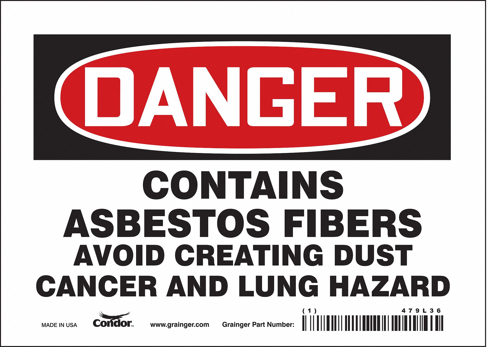 SAFETY SIGN, VINYL, ADHESIVE, 5X7 IN, NOT RETROREFLECTIVE, CONTAINS ASBESTOS FIBERS AVOID CREATING DUST CANCER & LUNG...
