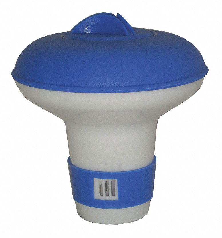 Pool Chemical Dispenser: 6 in Overall Ht, Plastic, Blue/White
