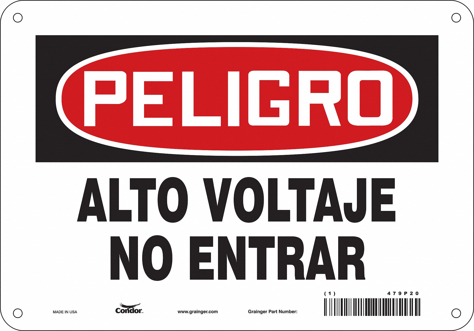 Safety Sign: Polyethylene, Mounting Holes Sign Mounting, 7 in x 10 in Nominal Sign Size, Peligro