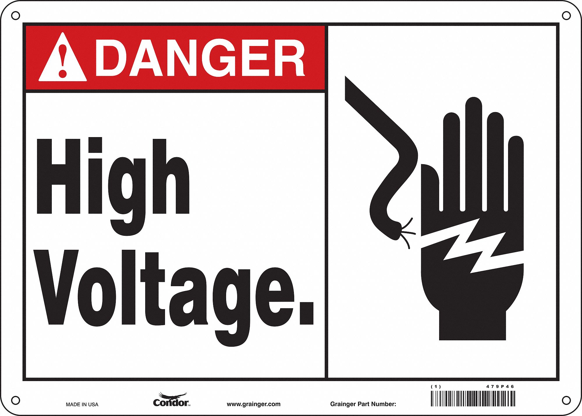 Safety Sign: Polyethylene, Mounting Holes Sign Mounting, 10 in x 14 in Nominal Sign Size, High Volt