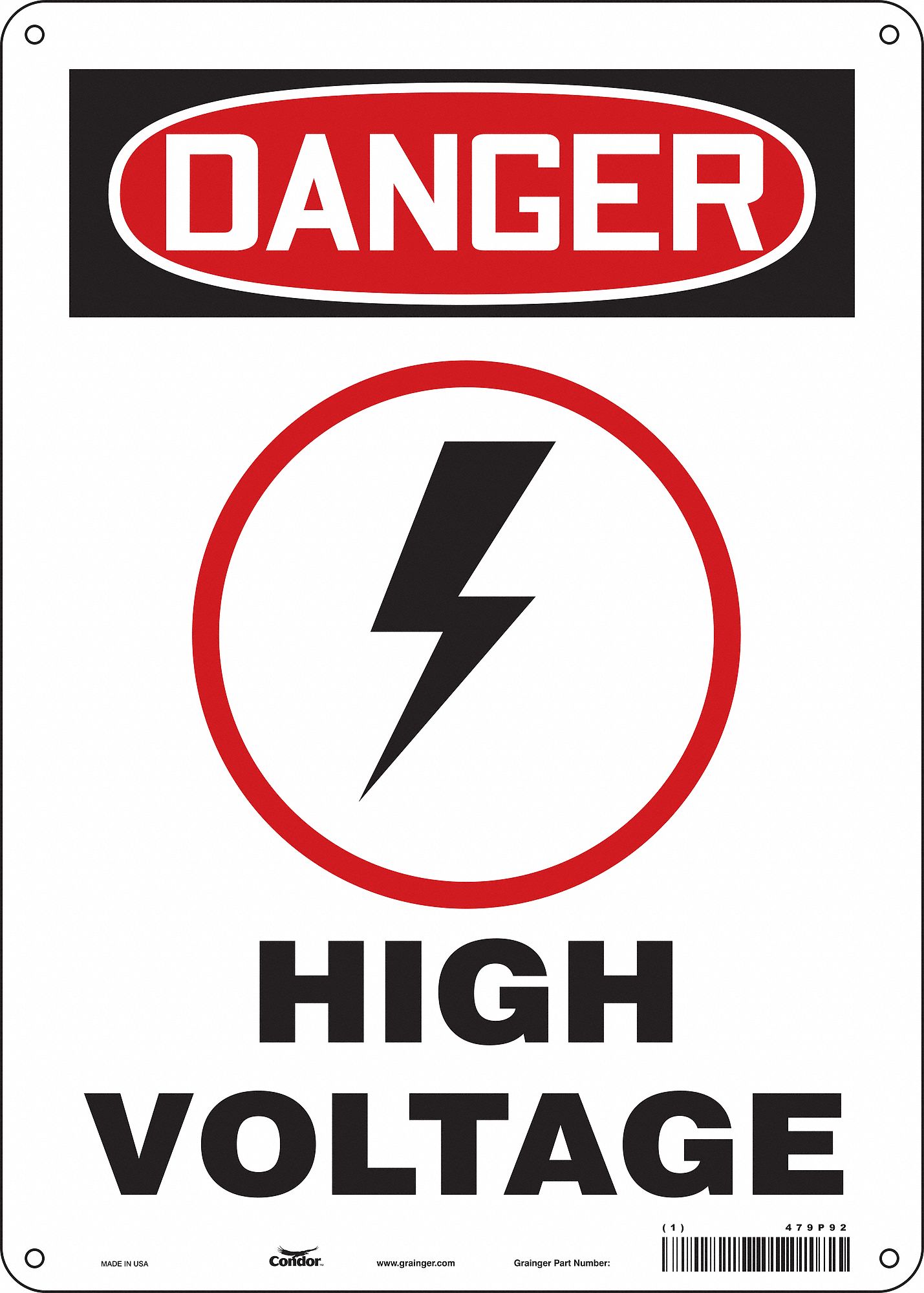 Safety Sign: Polyethylene, Mounting Holes Sign Mounting, 14 in x 10 in Nominal Sign Size, High Volt