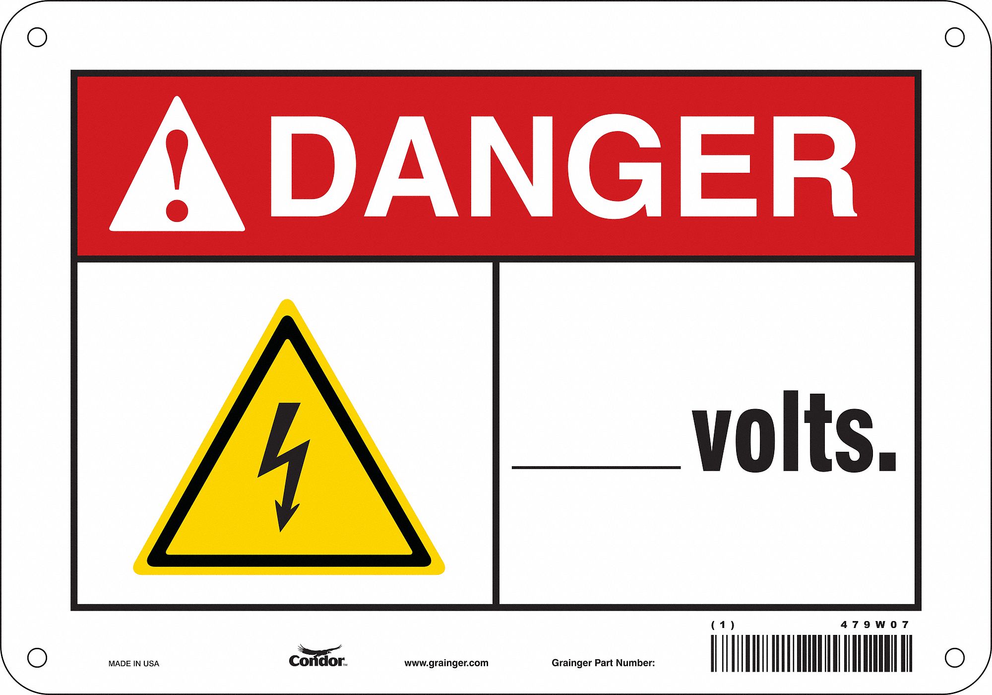 Safety Sign: Polyethylene, Mounting Holes Sign Mounting, 7 in x 10 in Nominal Sign Size, ___ Volts