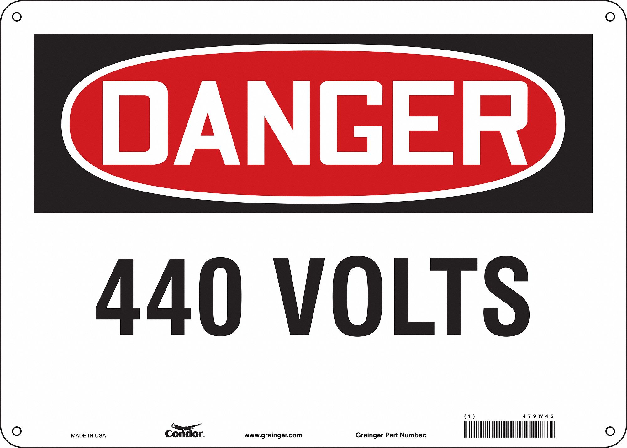 Safety Sign: Polyethylene, Mounting Holes Sign Mounting, 10 in x 14 in Nominal Sign Size, 440 Volts