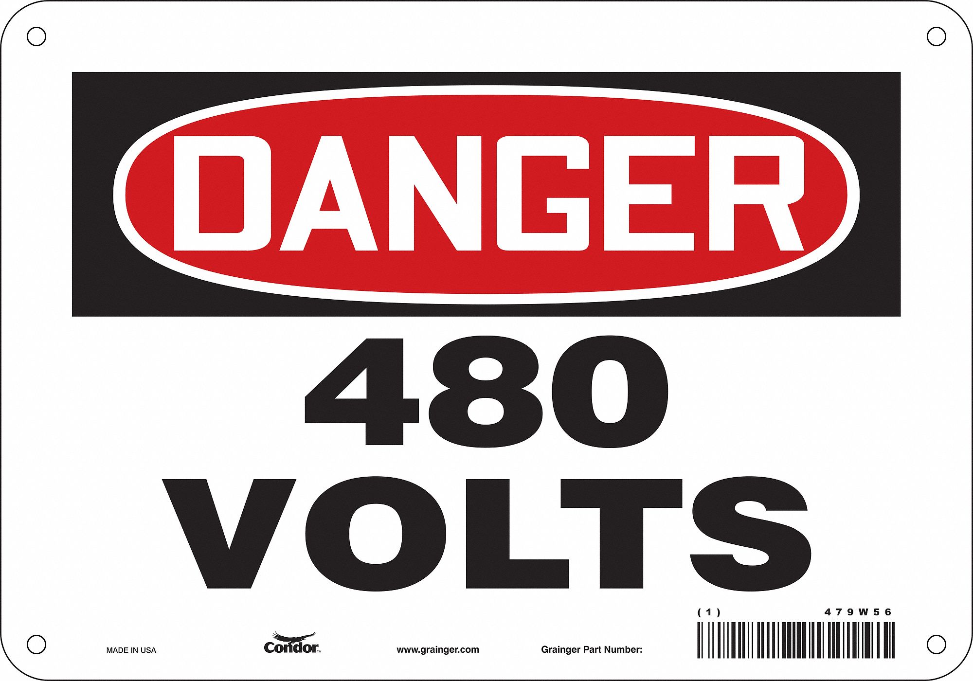Safety Sign: Polyethylene, Mounting Holes Sign Mounting, 7 in x 10 in Nominal Sign Size, 480 Volts