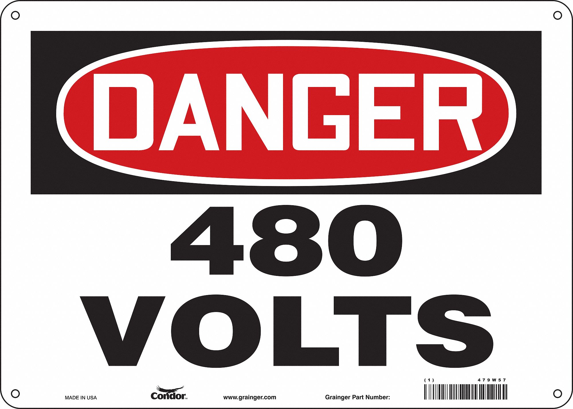 Safety Sign: Polyethylene, Mounting Holes Sign Mounting, 10 in x 14 in Nominal Sign Size, 480 Volts