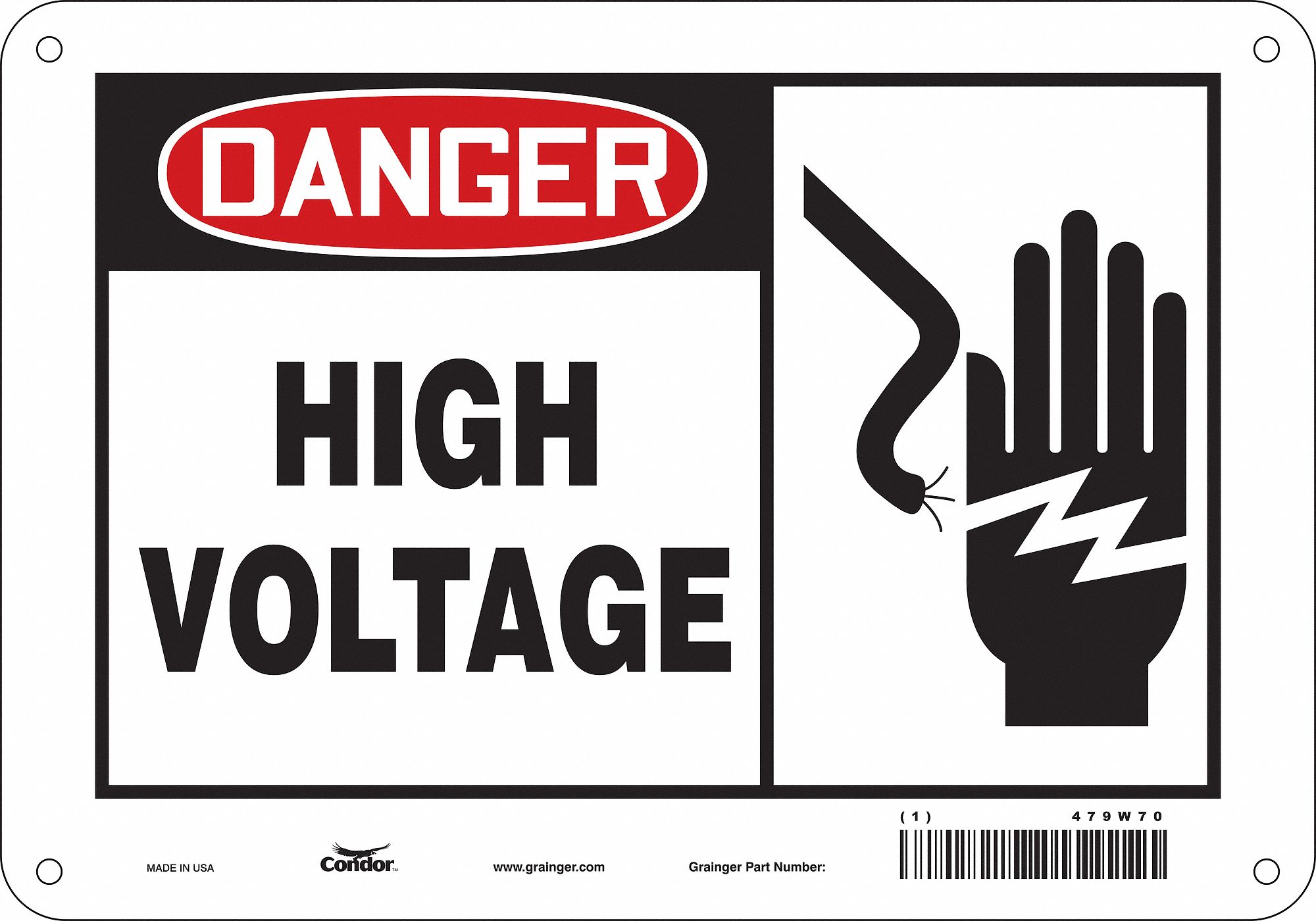 Safety Sign: Polyethylene, Mounting Holes Sign Mounting, 7 in x 10 in Nominal Sign Size, High Volt