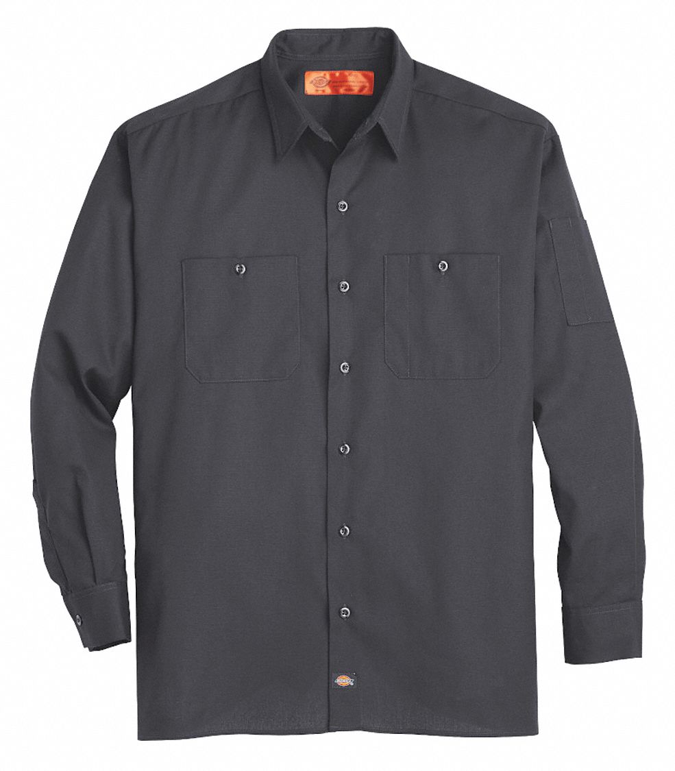 DICKIES Charcoal Long Sleeve Work Shirt, M, Polyester/Cotton, Regular