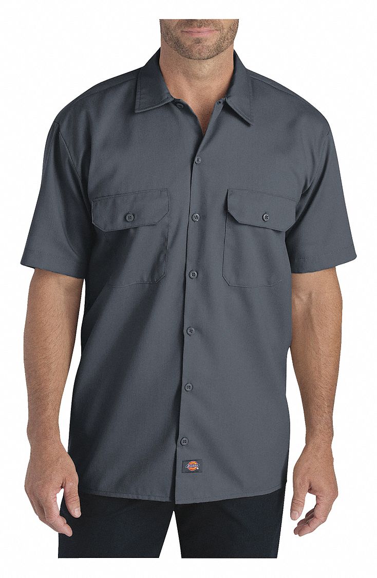 DICKIES Charcoal Short Sleeve Work Shirt, XL, Polyester/Cotton, Regular ...