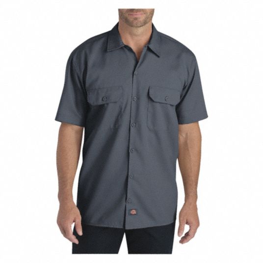 DICKIES Charcoal Short Sleeve Work Shirt, 3XL, Polyester/Cotton ...