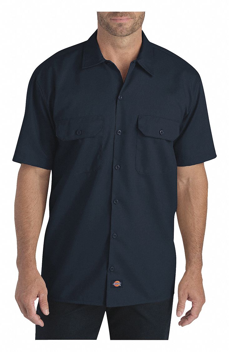 DICKIES Dark Navy Short Sleeve Work Shirt, 3XL, Polyester/Cotton ...
