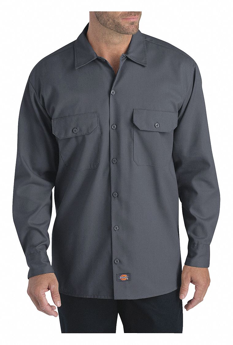 DICKIES Charcoal Long Sleeve Work Shirt, 3XL, Polyester/Cotton, Regular ...