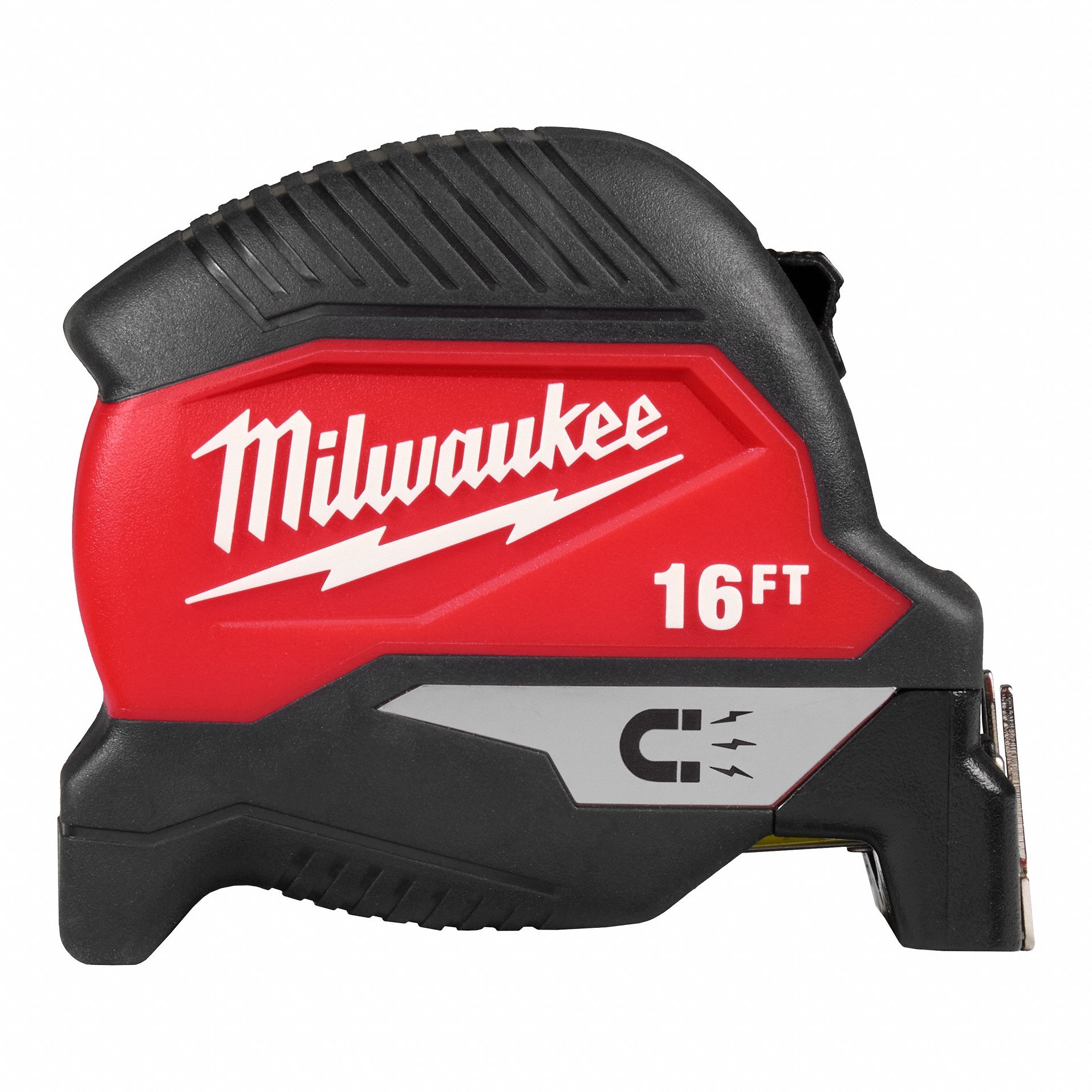 Magnetic Tape Measure: Magnetic Single Hook Tip, 16 ft, Plastic, Black/Red