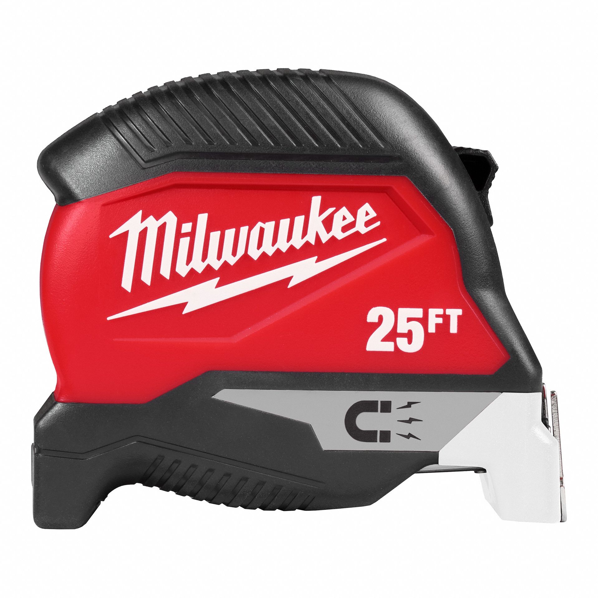 Magnetic Tape Measure: Magnetic Single Hook Tip, 25 ft, Plastic, Black/Red