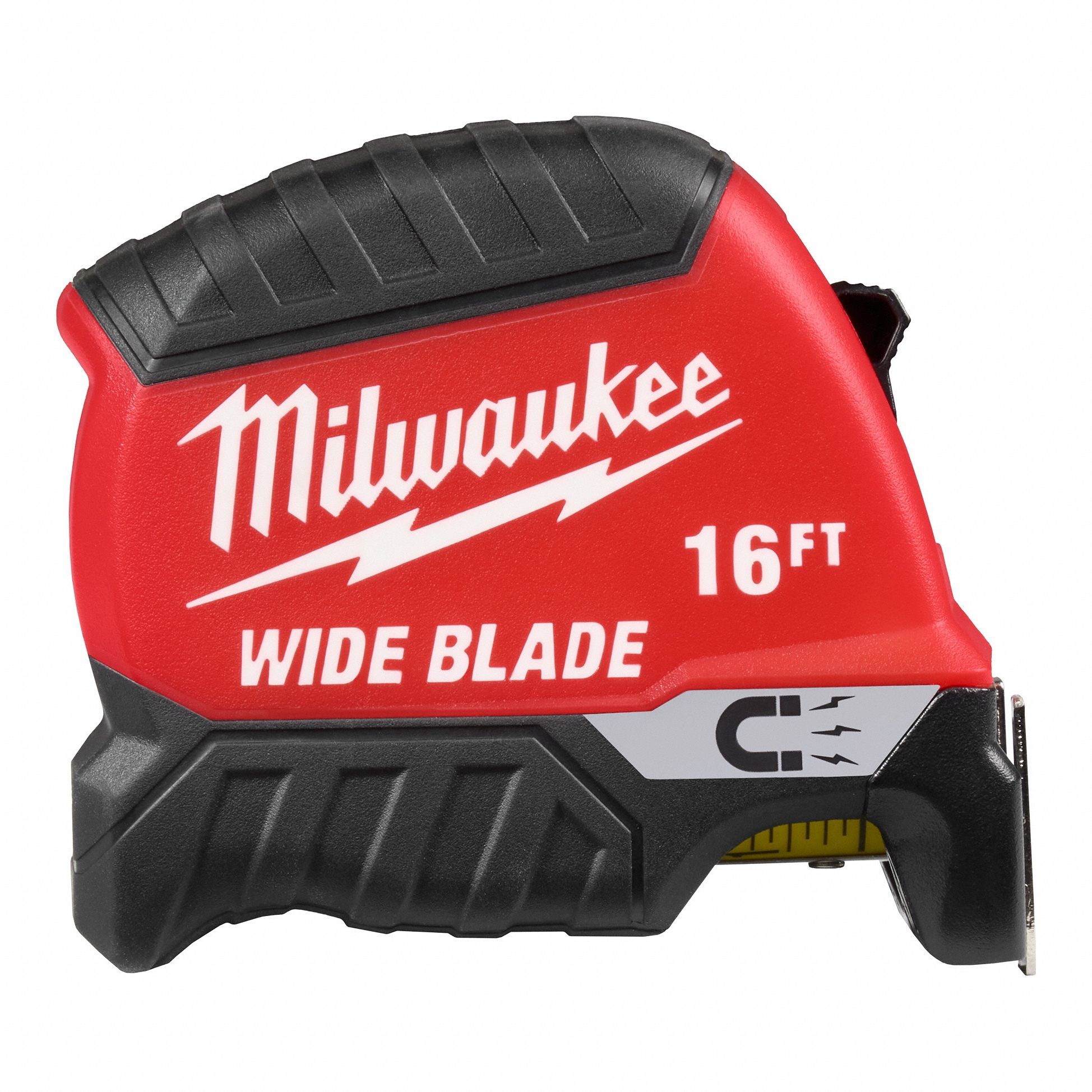 Wide Blade Magnetic Tape Measure: Magnetic Single Hook Tip, 16 ft, Plastic, Black/Red