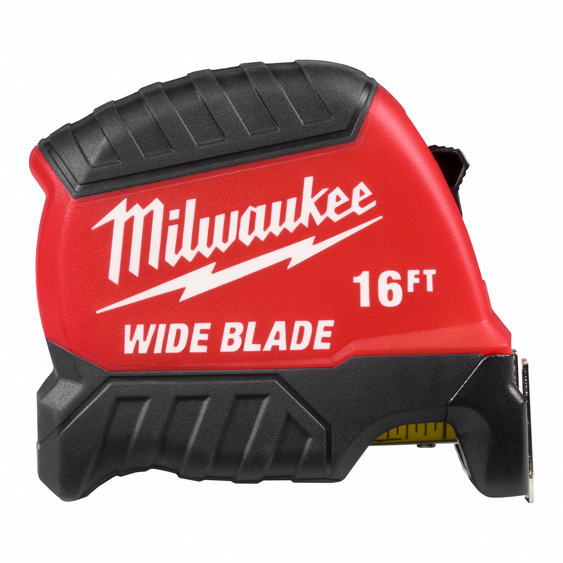 Wide Blade Tape Measure: Nonmagnetic Single Hook Tip, 16 ft, Plastic, Black/Red