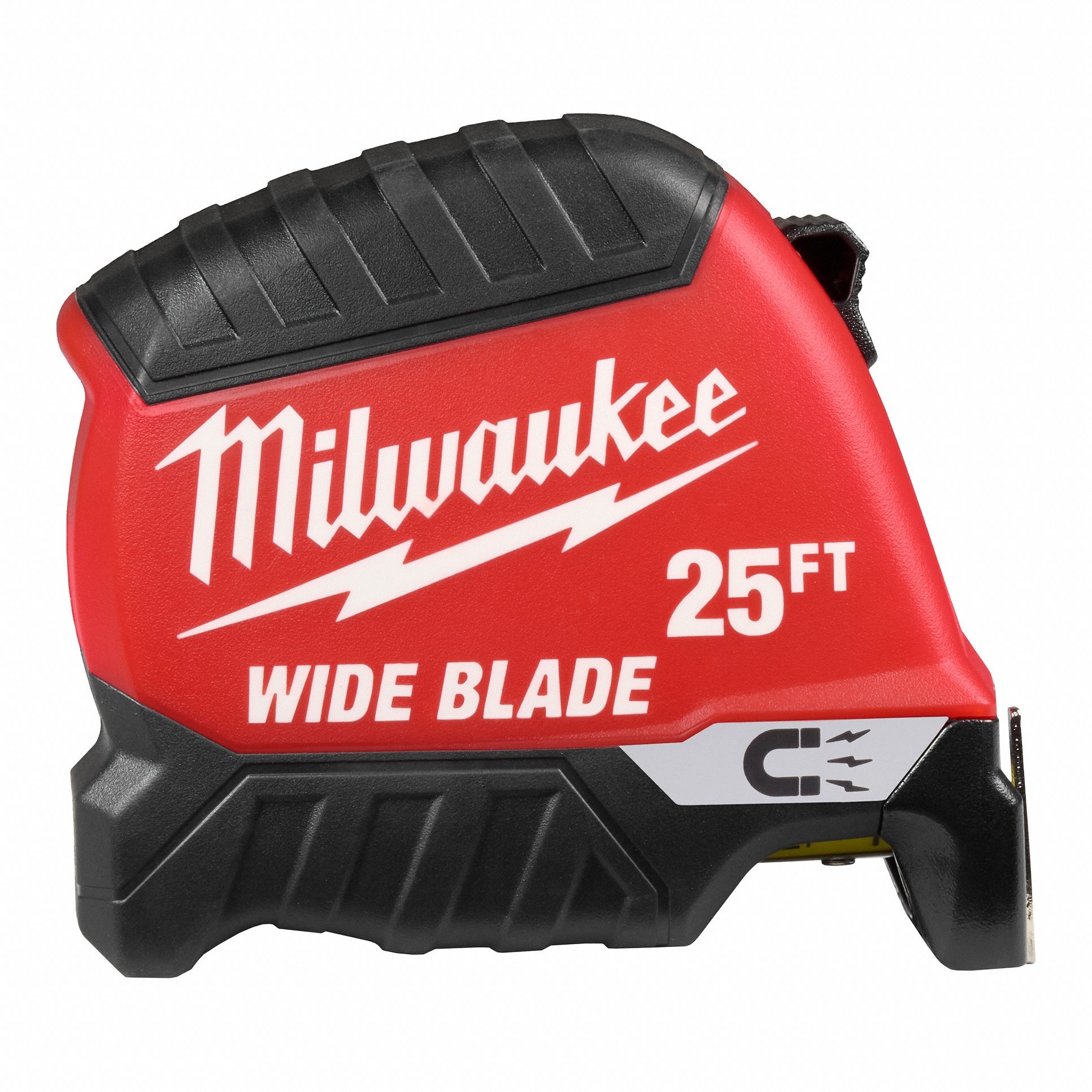 Wide Blade Magnetic Tape Measure: Magnetic Single Hook Tip, 25 ft, Plastic, Black/Red