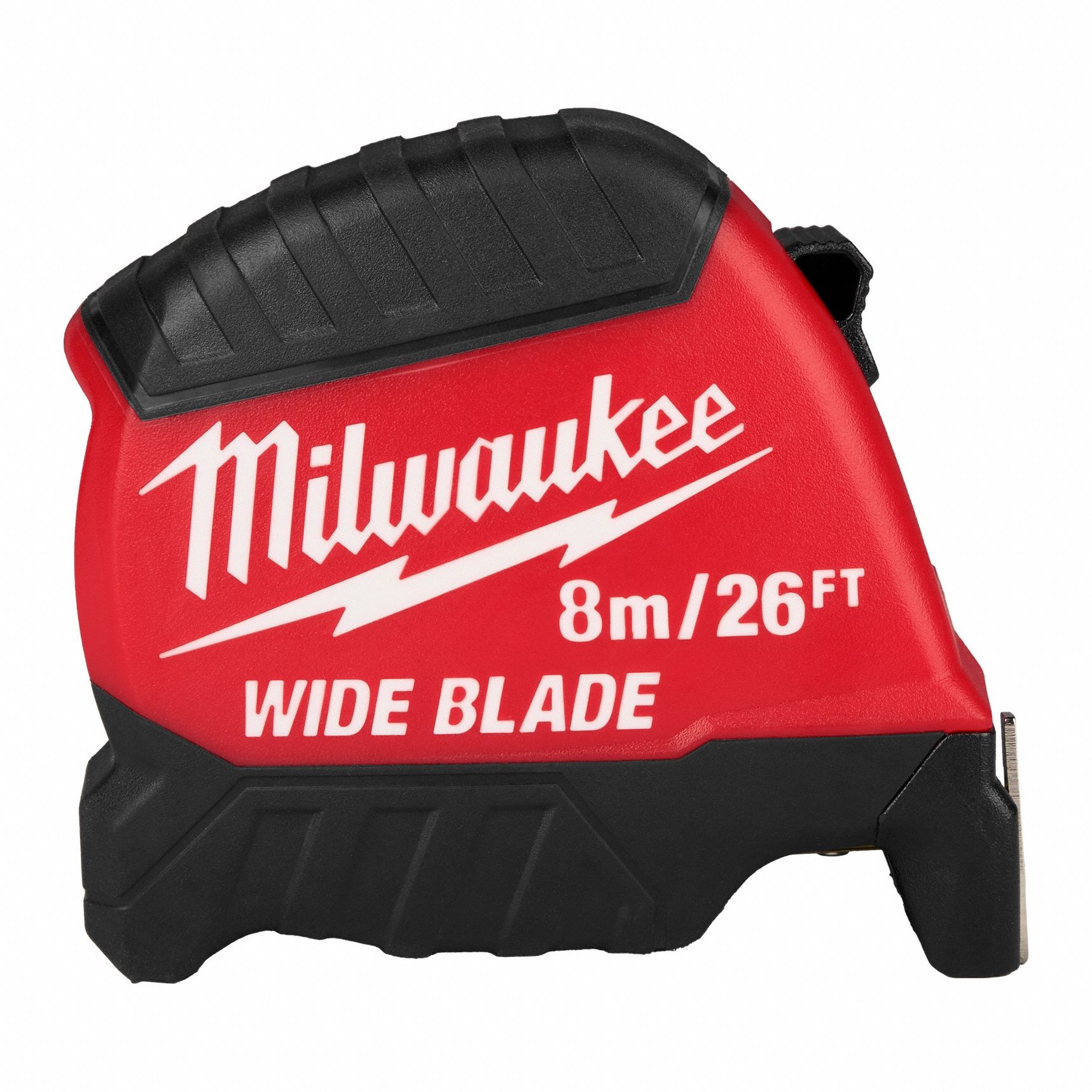 Wide Blade Tape Measure: Nonmagnetic Single Hook Tip, 26 ft / 8 m, Plastic, Black/Red