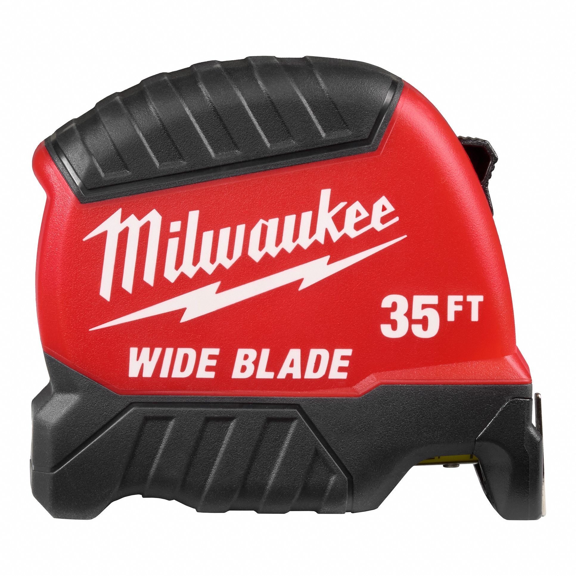 Wide Blade Tape Measure: Nonmagnetic Single Hook Tip, 35 ft, Plastic, Black/Red