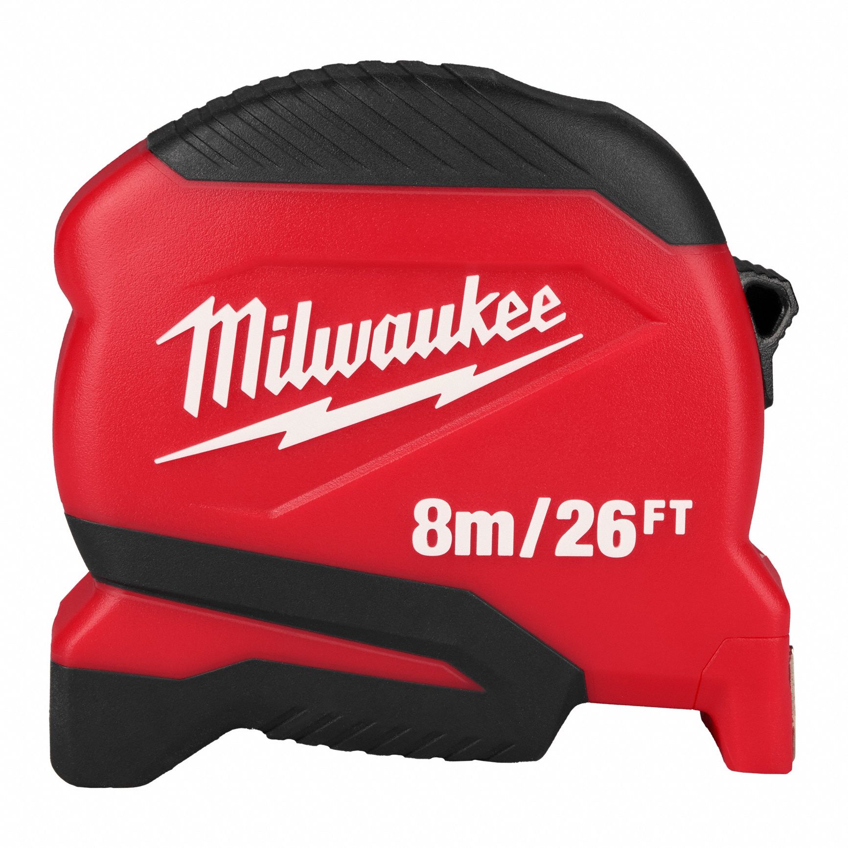 Compact Tape Measure: Nonmagnetic Single Hook Tip, 26 ft / 8 m, Plastic, Black/Red