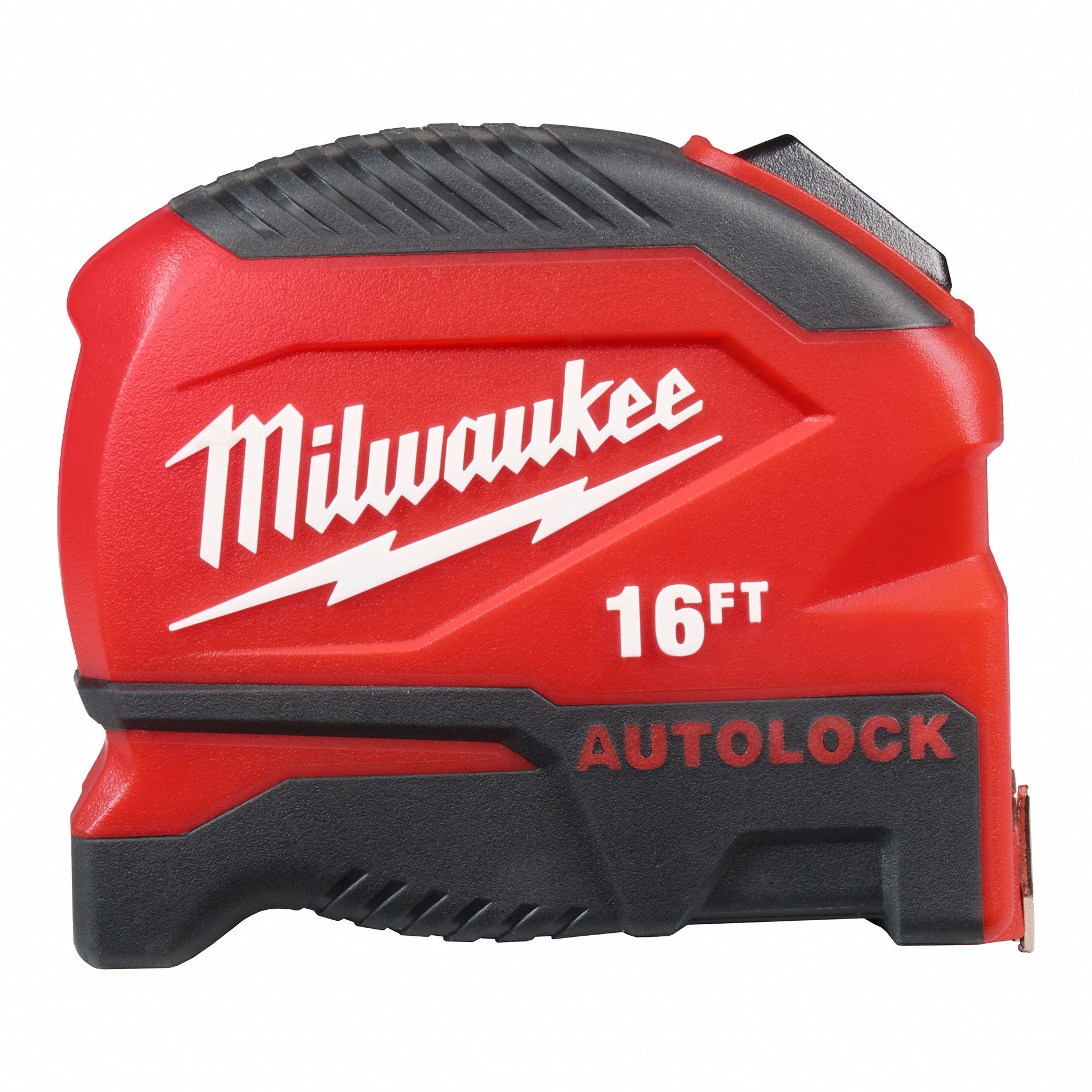 Auto-Lock Tape Measure: Nonmagnetic Single Hook Tip, 16 ft, Plastic, Black/Red