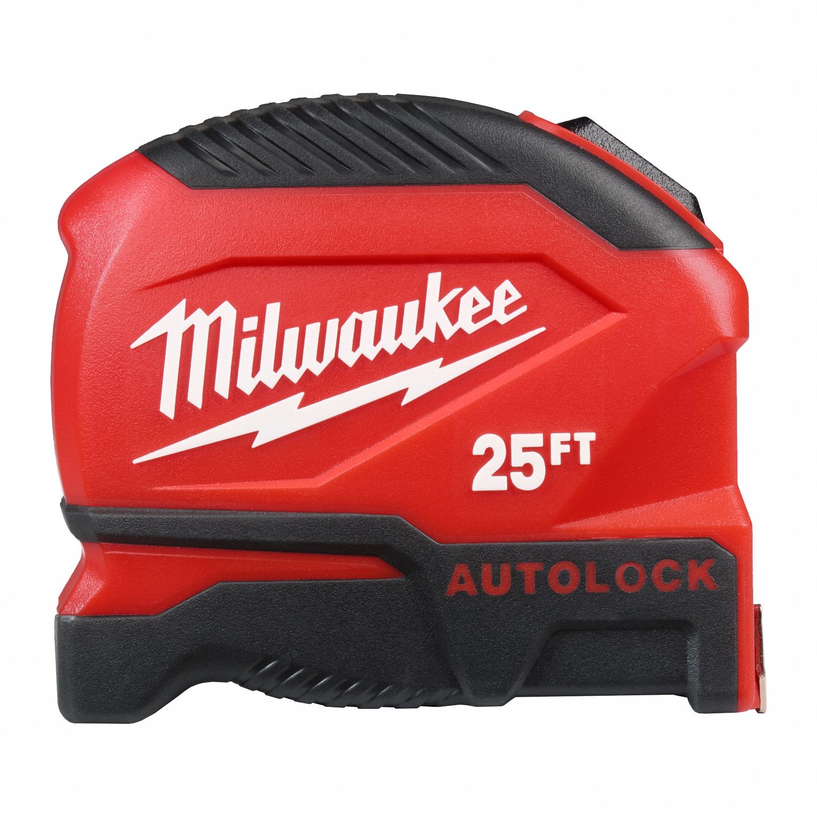 Auto-Lock Tape Measure: Nonmagnetic Single Hook Tip, 25 ft, Plastic, Black/Red
