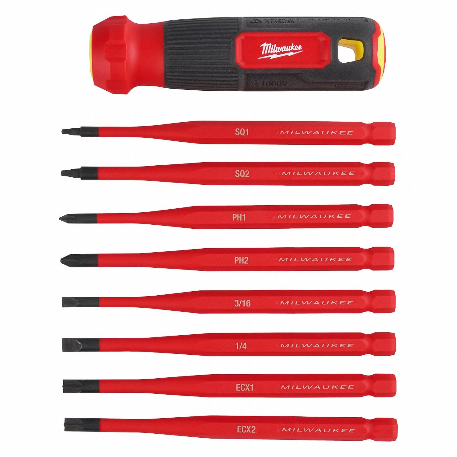 MULTI-BIT SCREWDRIVER, RUBBER GRIP, 8 PIECES, INSULATED, 12½ IN L