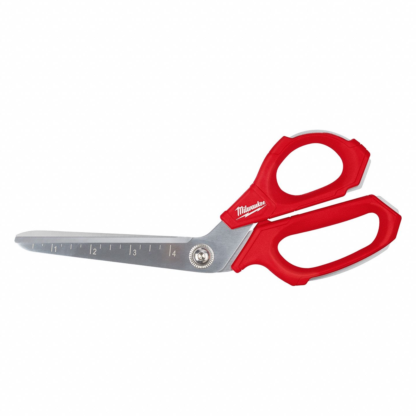 Scissors: Ambidextrous, 9 1/4 in Overall Lg, Serrated, Metal, Pointed, Chrome, Red