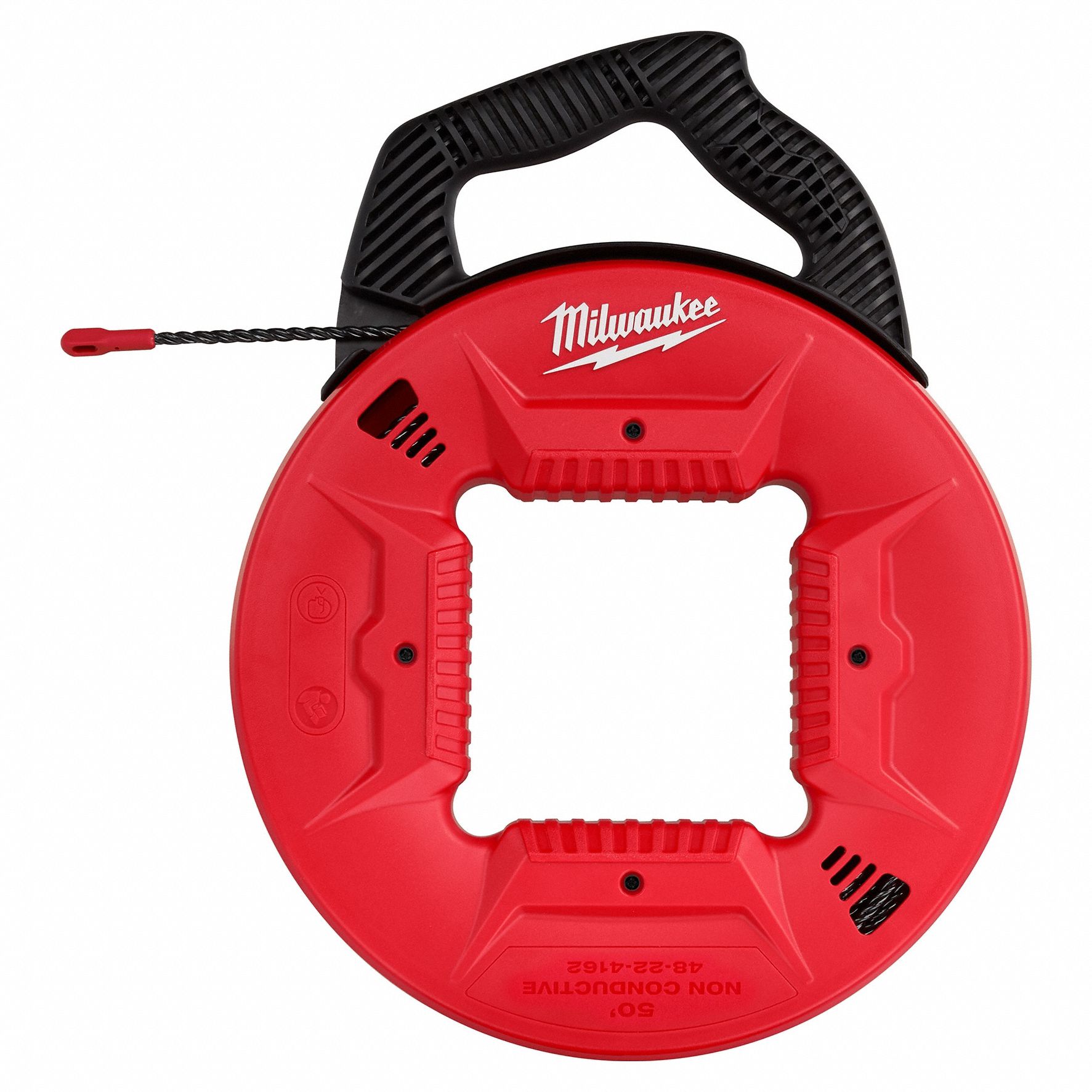 Fish Tape: 50 ft Lg, Manual Wind Tape Retraction, Spiral Tape Shape, 13 in Case Dia