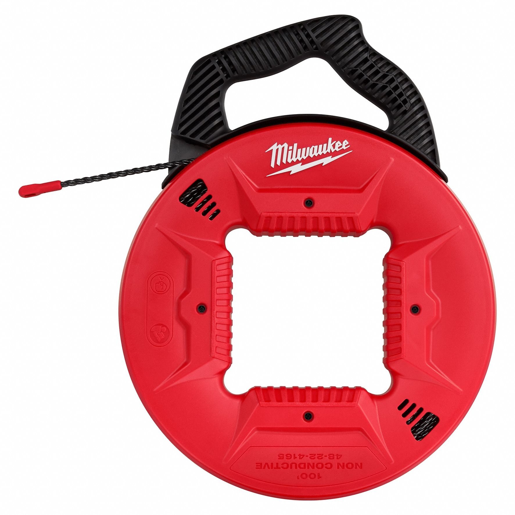 Fish Tape: 100 ft Lg, Manual Wind Tape Retraction, Spiral Tape Shape, 13 in Case Dia