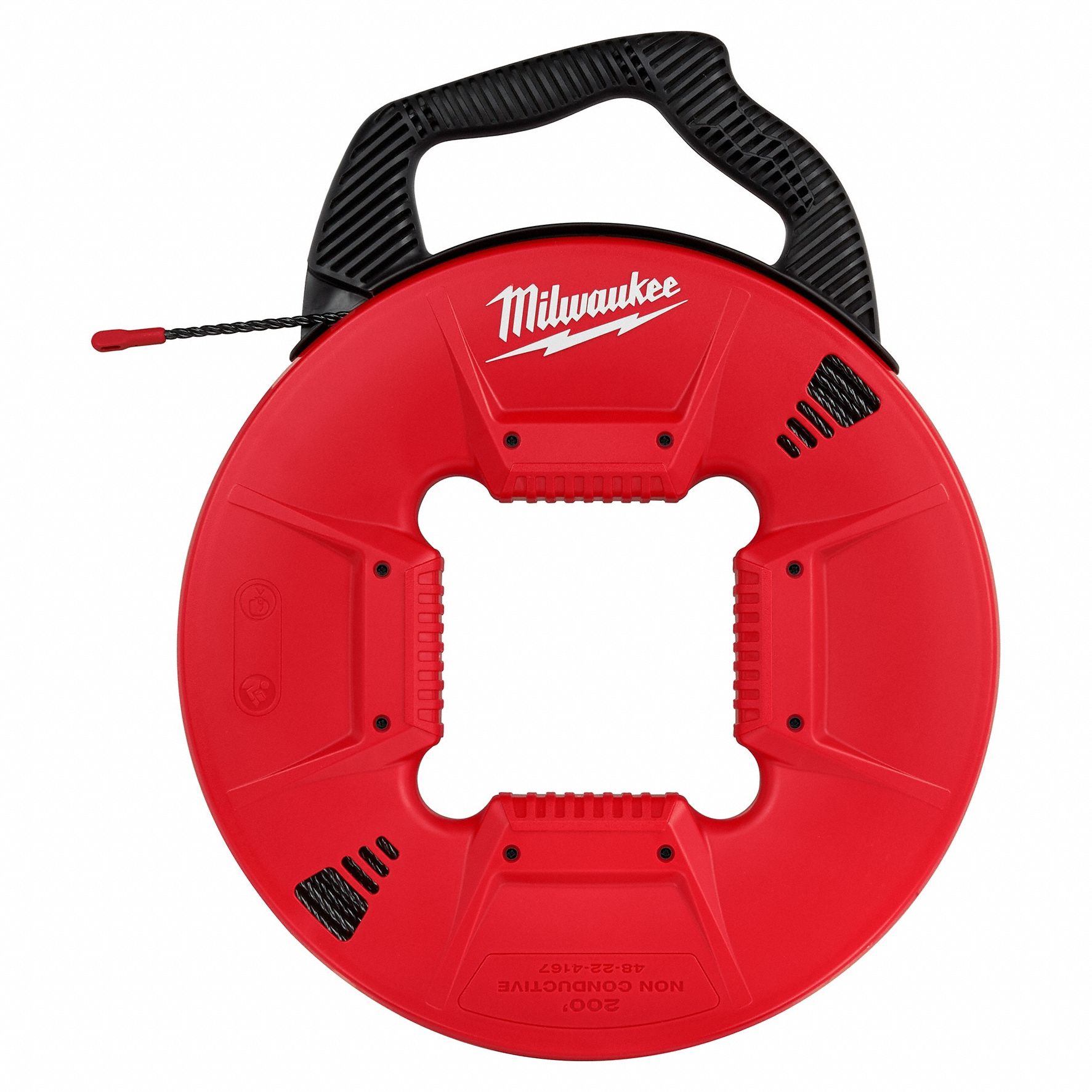 Fish Tape: 200 ft Lg, Manual Wind Tape Retraction, Spiral Tape Shape, 17 in Case Dia