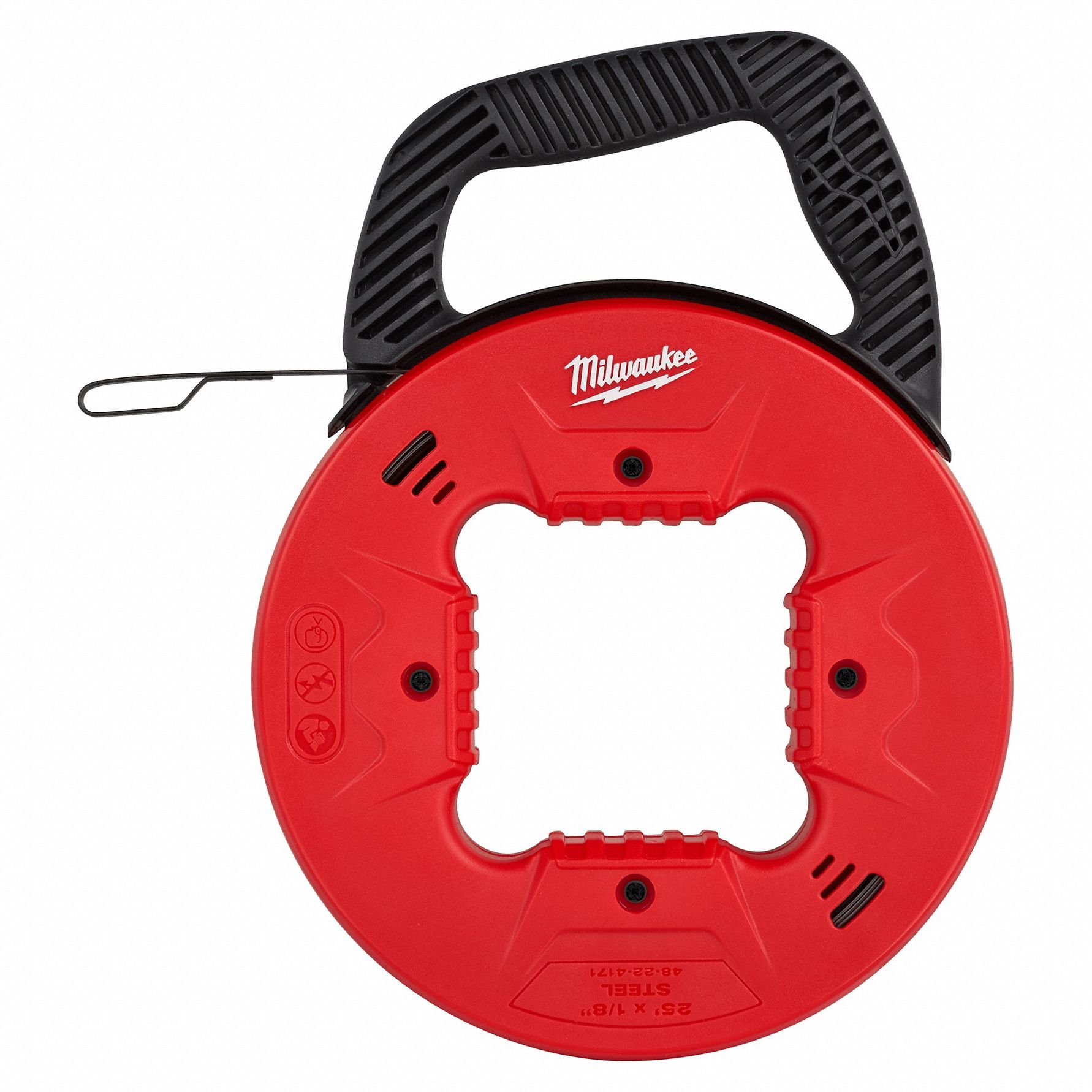 Fish Tape: 25 ft Lg, Manual Wind Tape Retraction, Flat Tape Shape, Formed Hook End Style