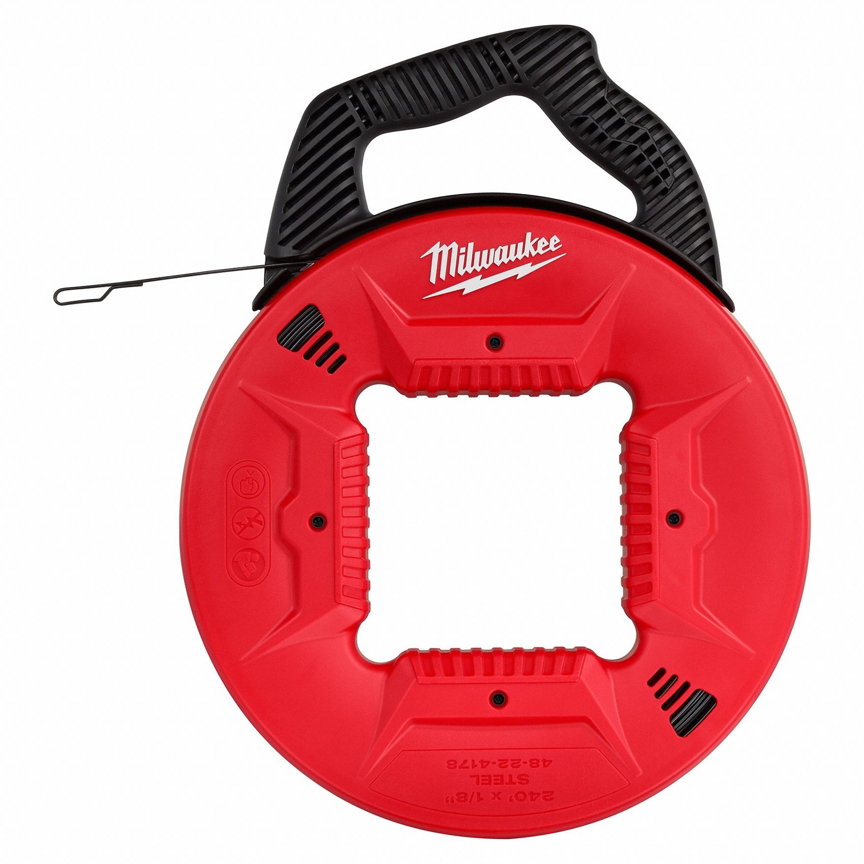 Fish Tape: 240 ft Lg, Manual Wind Tape Retraction, Flat Tape Shape, Formed Hook End Style