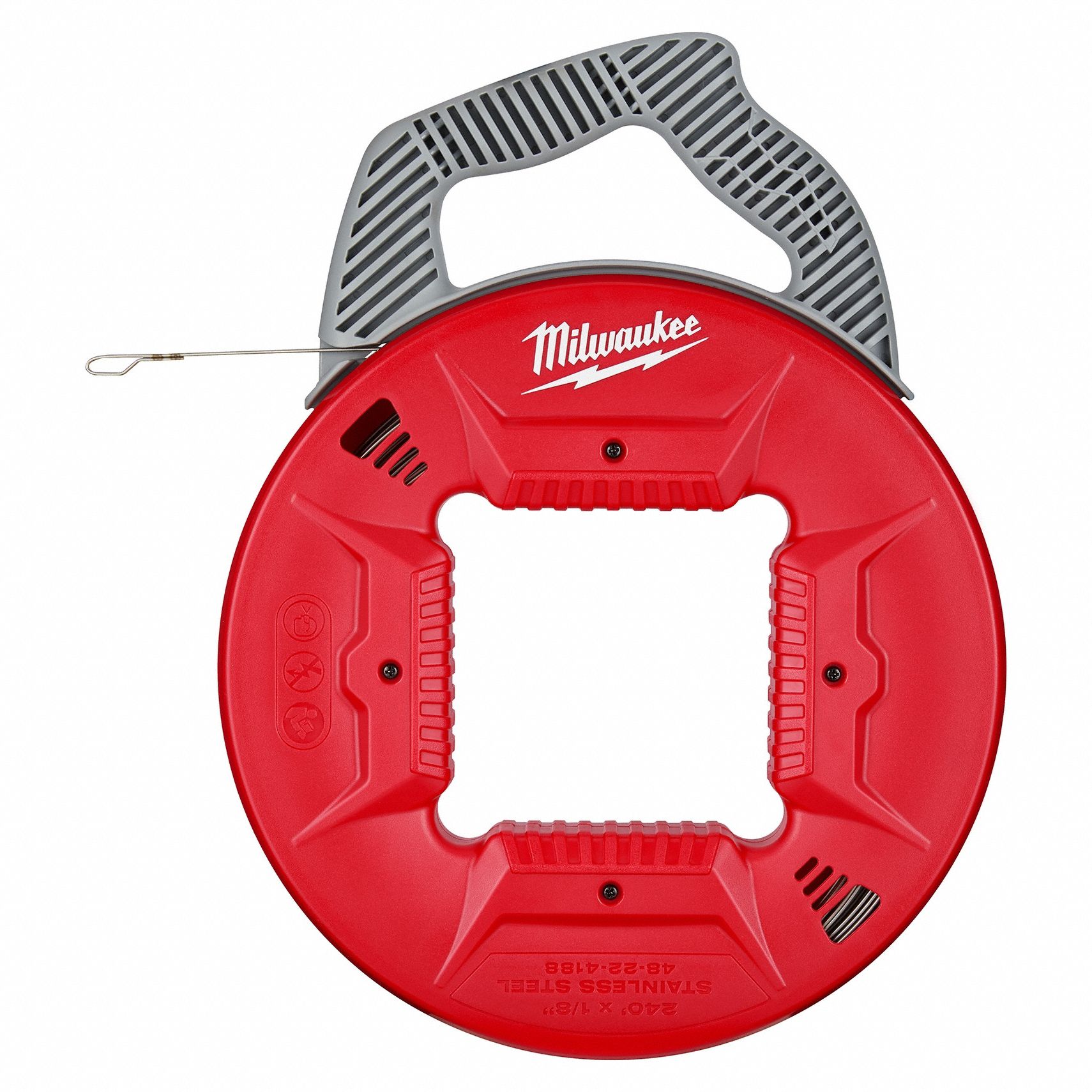 Fish Tape: 240 ft Lg, Manual Wind Tape Retraction, Flat Tape Shape, Formed Hook End Style