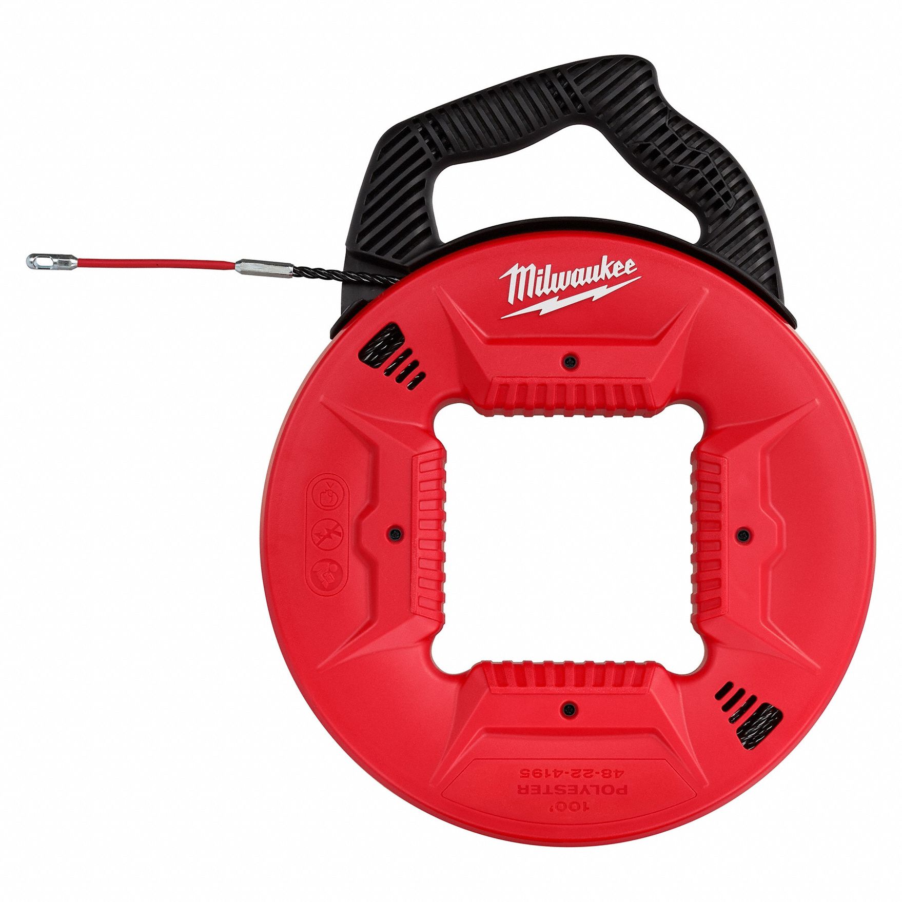 Fish Tape: 100 ft Lg, Manual Wind Tape Retraction, Spiral Tape Shape, Leader End Style